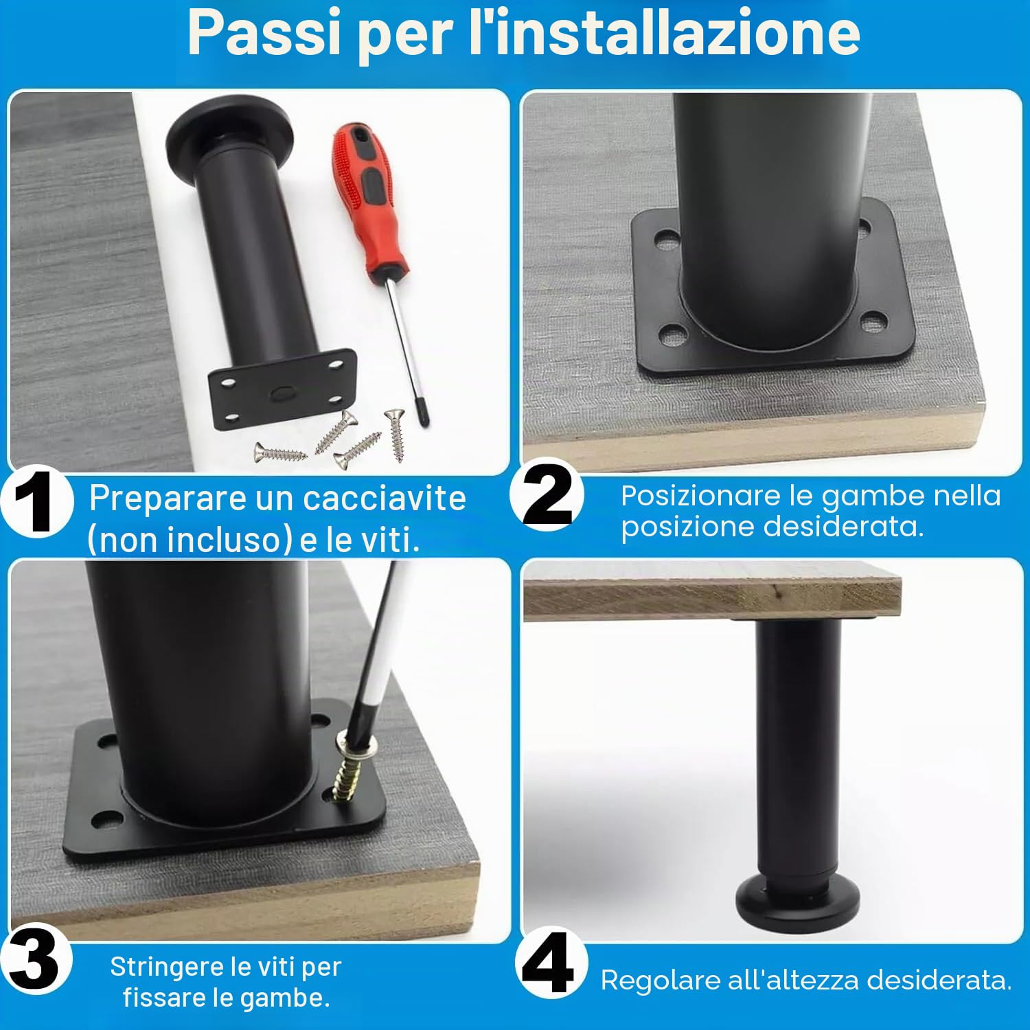 Piedini per Mobili 4 Pezzi Piedini Regolabili per Mobili 18-30cm Piedini per Mobili in Metallo con Viti per Cucina, Armadietto, Divano, Tavolo, Sedie, Letto