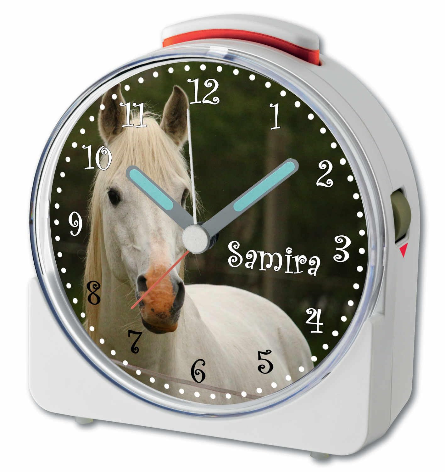WU-71-1134, Schimmel, analog Kinderwecker weiß, Funkwecker mit Sweep-Uhrwerk und fluoreszierenden Zeiger und Licht, personlisiert mit Namen, 10,2 x 4,6 x 11 cm