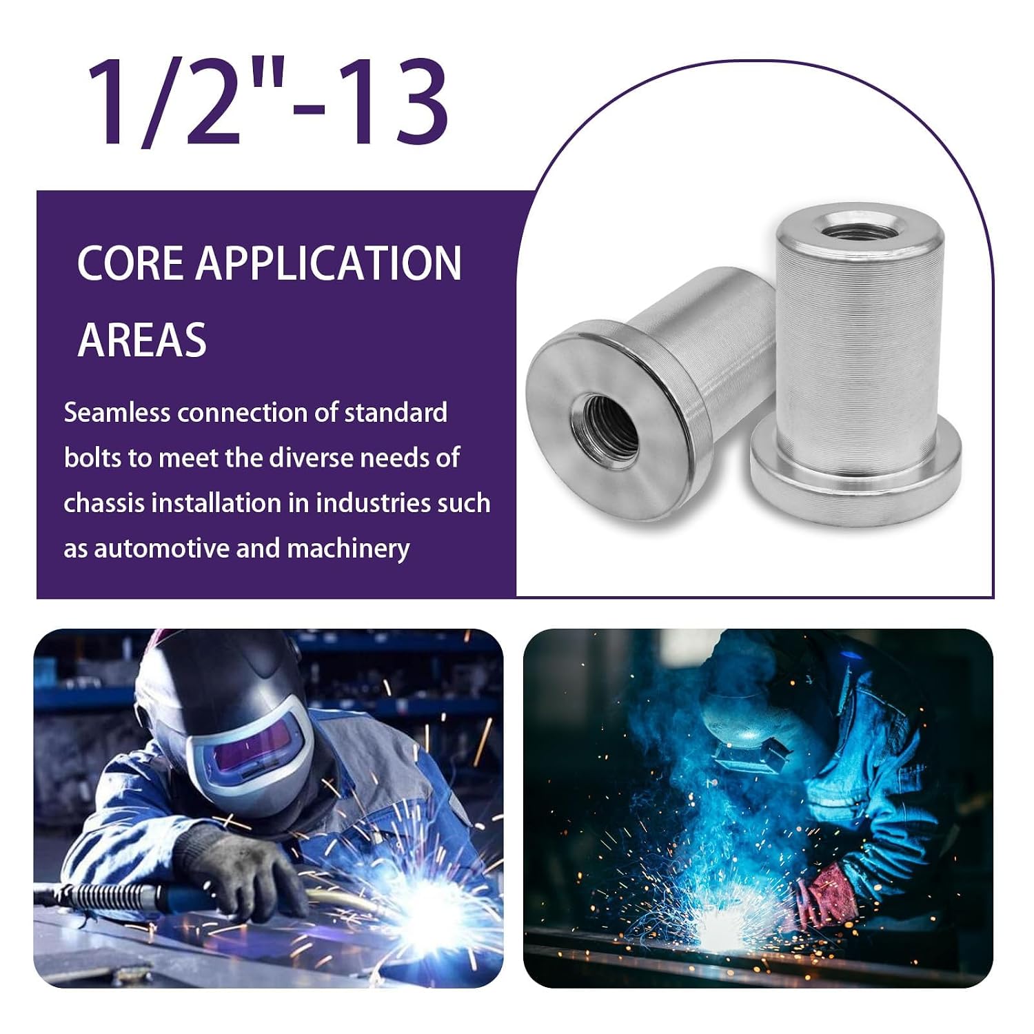 (6 Pack) 1/2"-13 Thread Weld-On Nut, Extended Threaded Stepped Bung, Female Weld Nut for Steel Chassis Mounting Tab