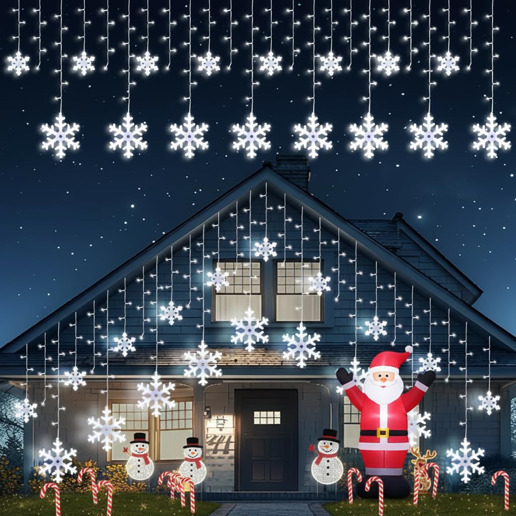 Brightown 20Ft Snowflake Christmas Lights, 228 LED Icicle String Lights, Pure