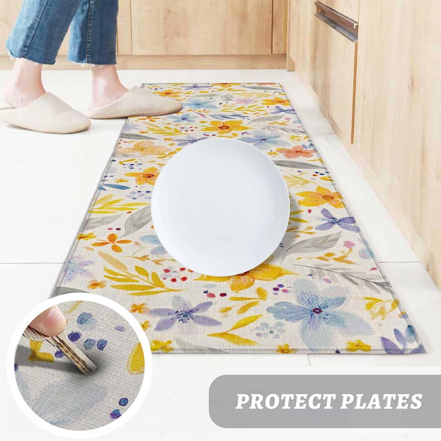 Kitchen Mats for Floor Watercolor Blossom Flower Leaf Washable Non Slip Kitchen Rugs 1PCS, Country Floral Vintage Linen Absorbent Standing Mats for Sink Bathroom Office Living Room 15.7x47.2in