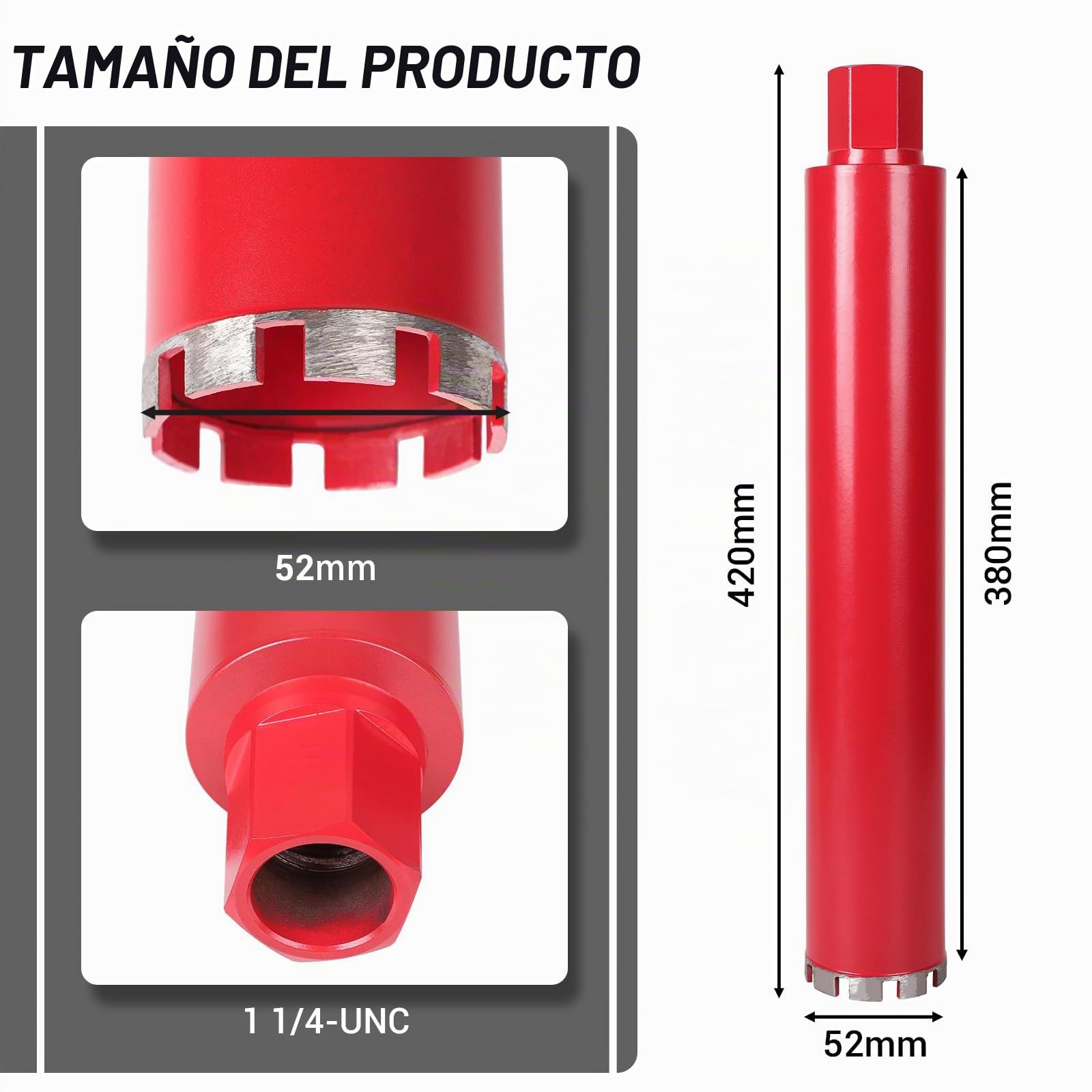 CPROSP Corona de Perforación de Diamante 1¼" UNC, Ø52 mm, L420 mm, Soldada por Láser, Corona de Perforación para Taladrado en Húmedo, Broca para Taladrar Hormigón, Mampostería y Piedra