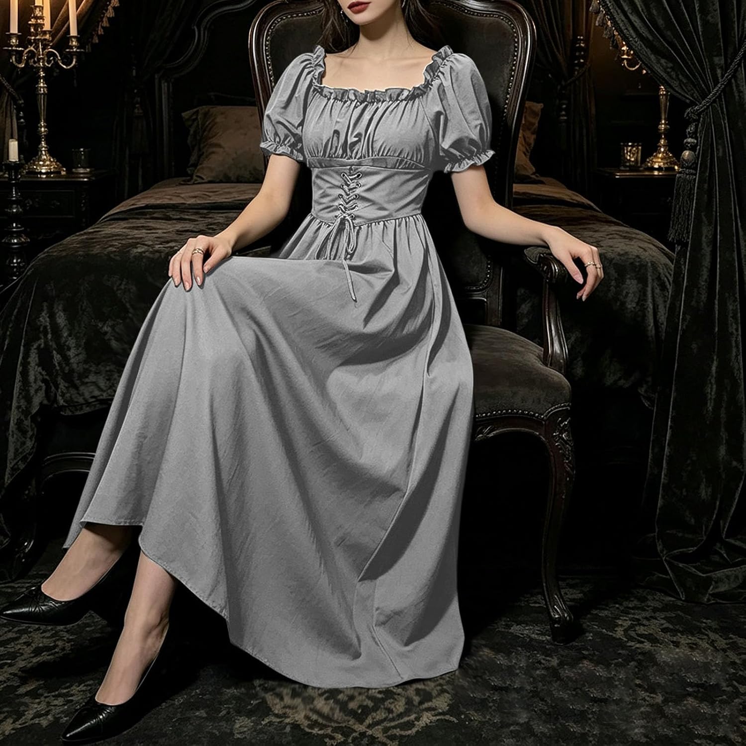 Women's Puff Sleeve Renaissance Dress Square Neck Lace Up Maxi Gown