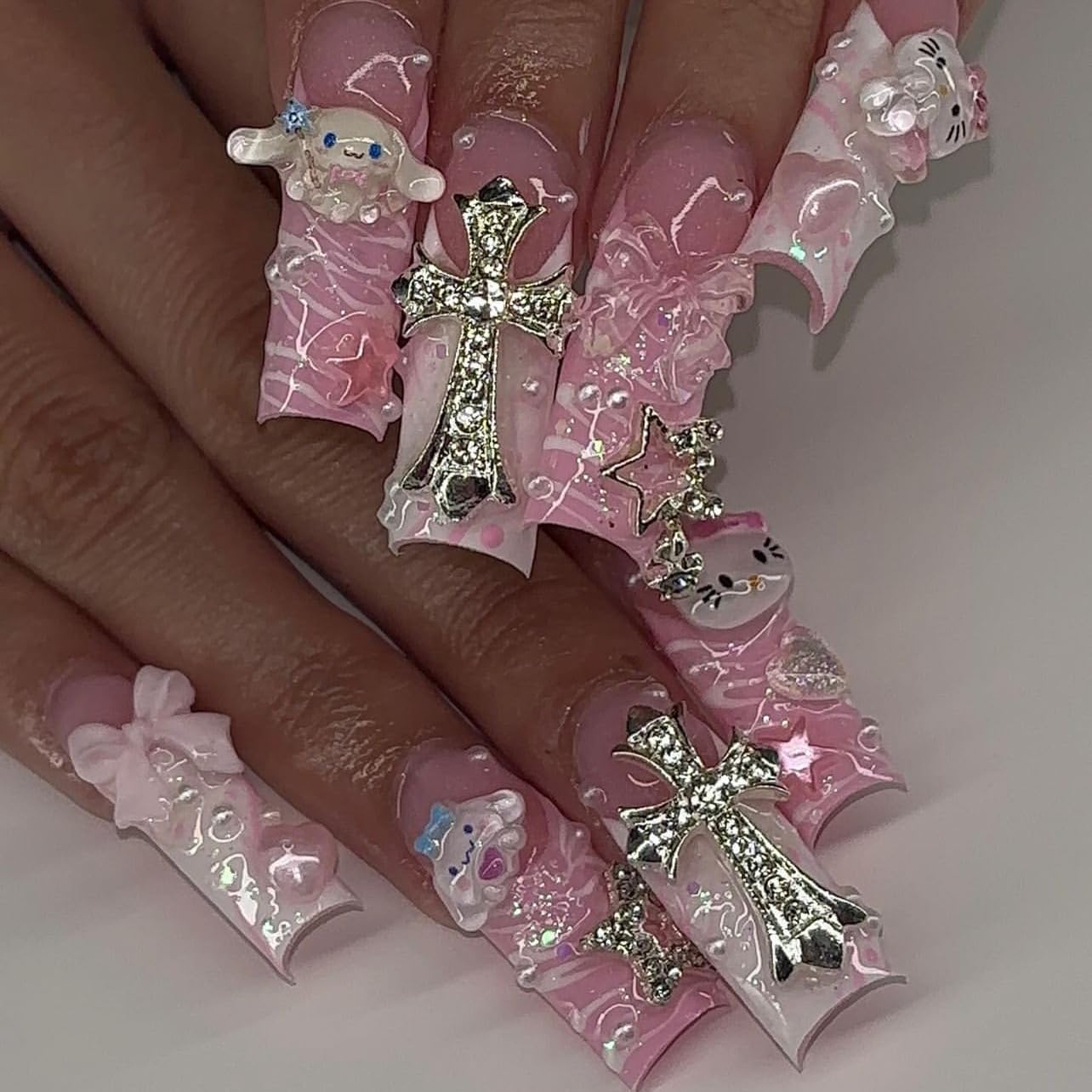French Press On Nails, Pink Long Coffin False Nails, Cute Kawaii 3D Fake Nails Designs With Cross Kitty Puppy Bow
