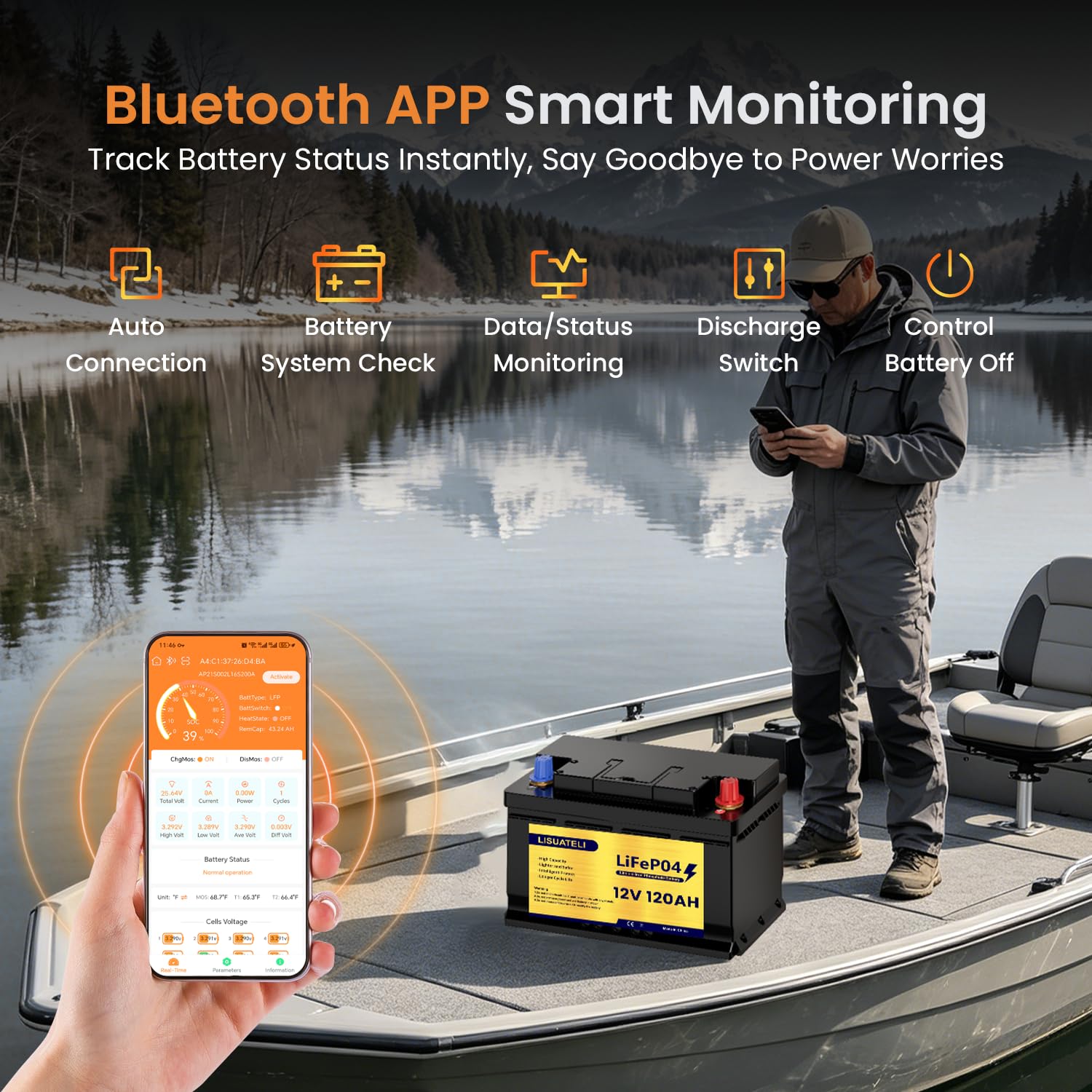 Batería de litio LiFePO4 de 12 V 120 Ah con supervisión de aplicación, 100 A BMS, para autocaravana, solar, barco, off-grid