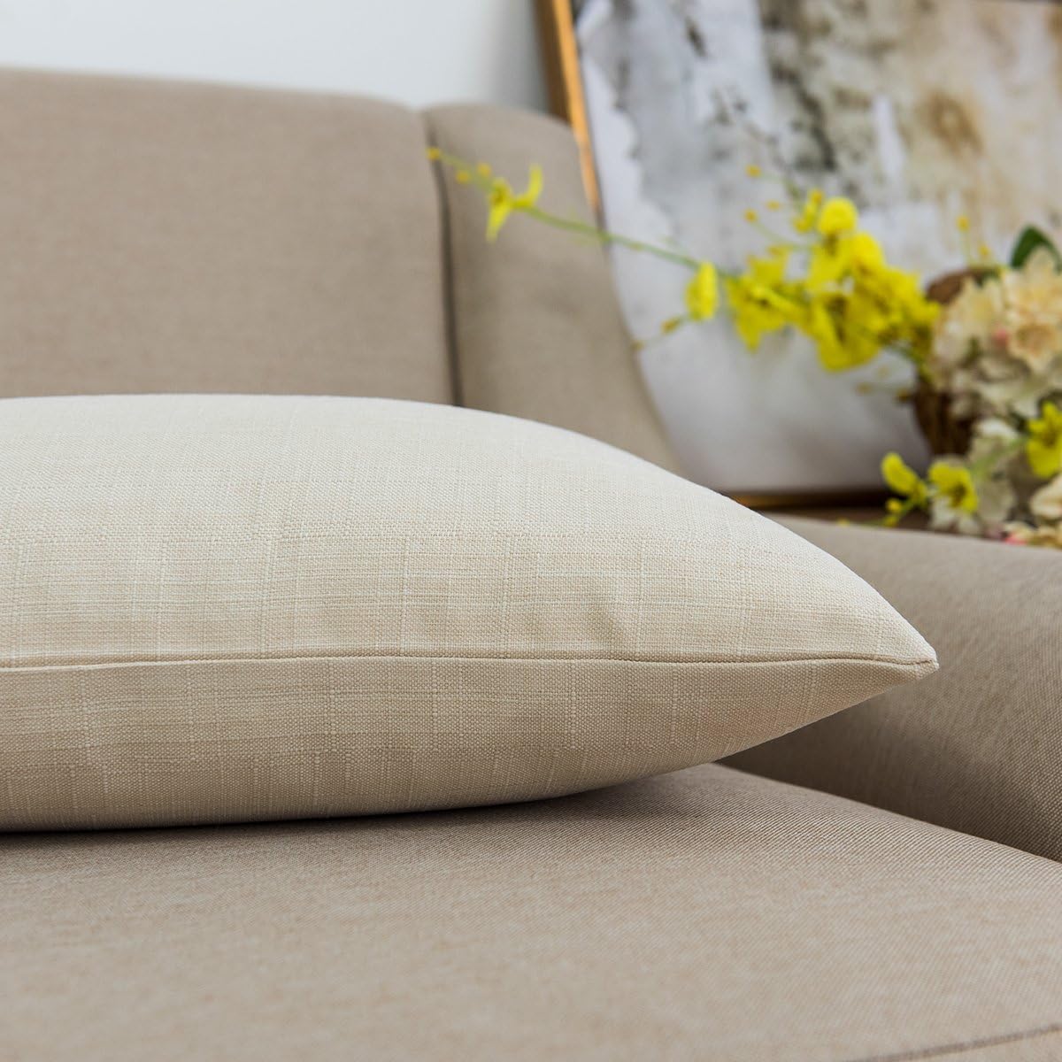 Jeanerlor Fax Linen Solid Decorative Ivory Pillow Cover/Euro Sham 26"x26"/Cushion Sham,Velvety and Durable Pillow Cases for Chair (65 x 65 cm),Light Linen,2 Packs