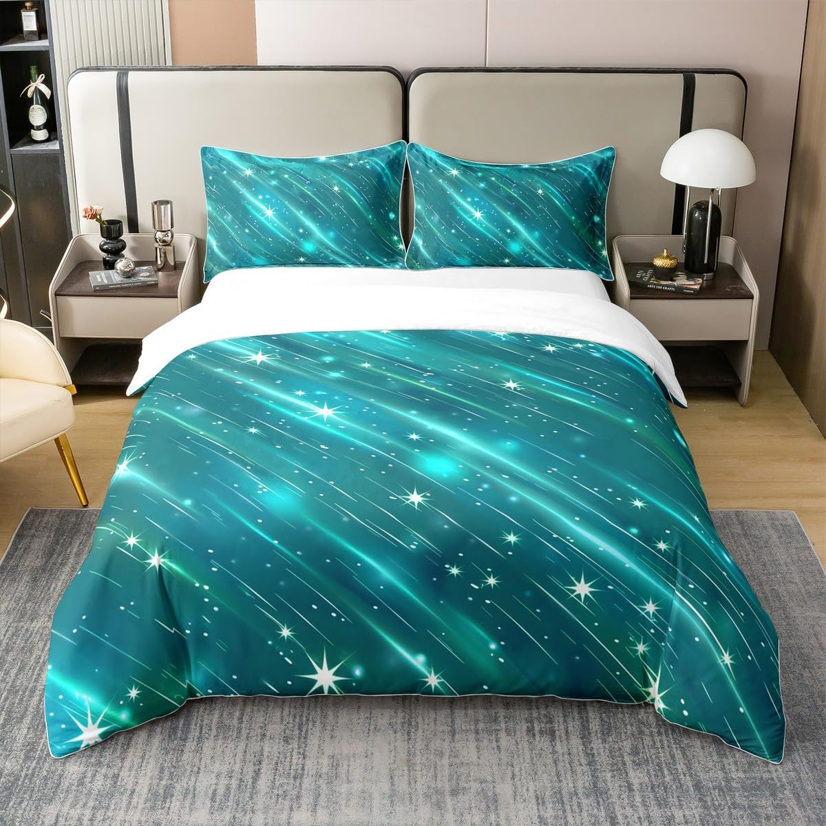 100% Nature Cotton Watercolor Green Galaxy Duvet Cover Queen Size,Retro Dreamy Starry Sky Stars Comforter Cover for Teens Youth,Abstract Swirl All Season Super Soft Bedding (Not Comforter)