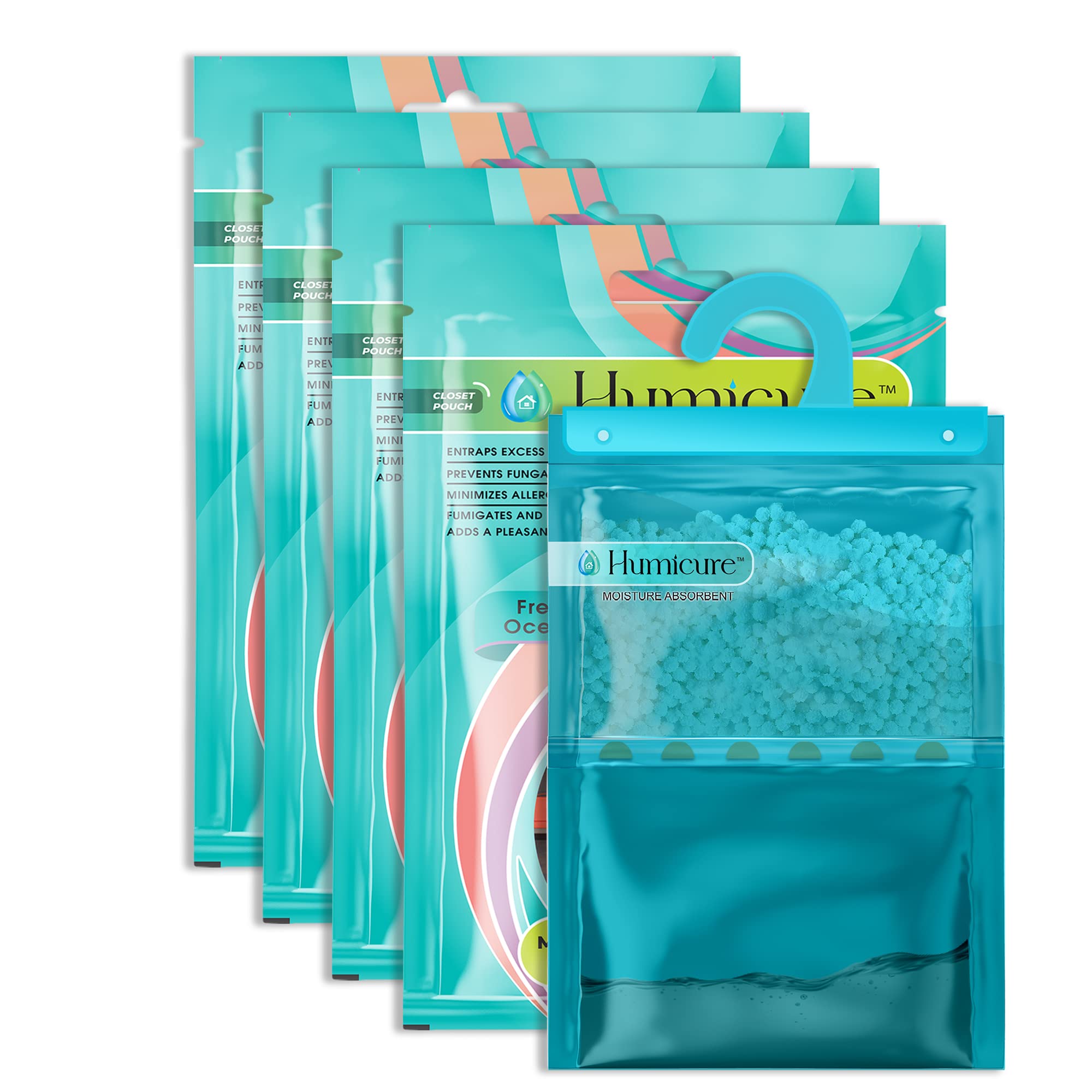 Humicure Moisture Absorber Dehumidifier Hanging Bags with 1 Litre Absorption Capacity for Wardrobe, Bathroom, Kitchen and Bedroom; Prevents Mould & Fungus (Pack of 4, 400 gram each Ocean Breeze)
