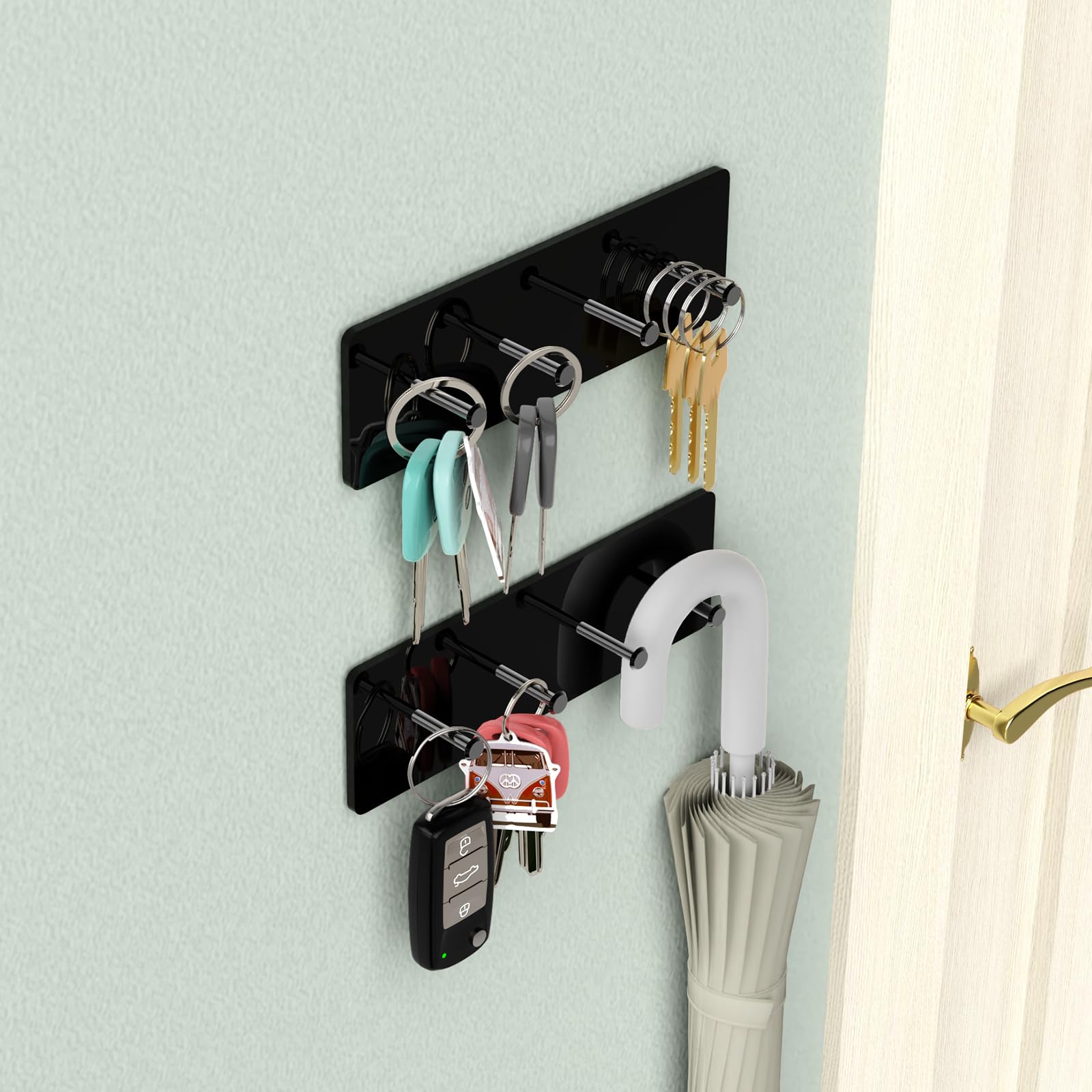 NiHome 4-Hook Wall Mount Key Holder 2-Pack, No-Screw Sleek Design for Tidy Walls, Longer Hooks to Hold Larger Straps, Streamlined Organization for Quick Key Access in Entryways & Offices (Black/Black)