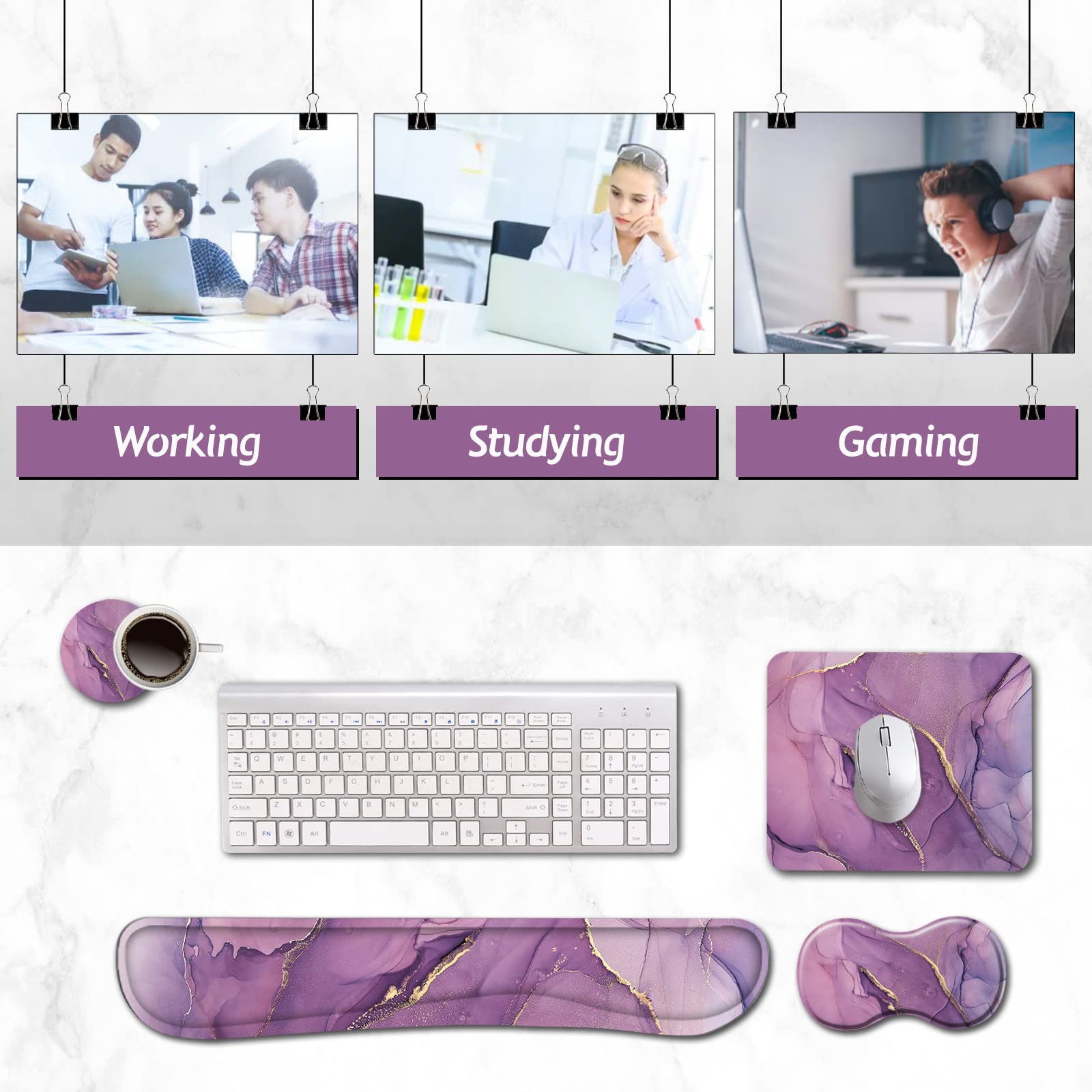 AIMSA Tastatur-Handgelenkauflage + Mauspad + Maus-Handgelenkauflage + Untersetzer, ergonomischer Memory-Schaum, rutschfeste Gummiunterseite, 4-teiliges Set, einfaches Tippen, Schmerzlinderung, lila
