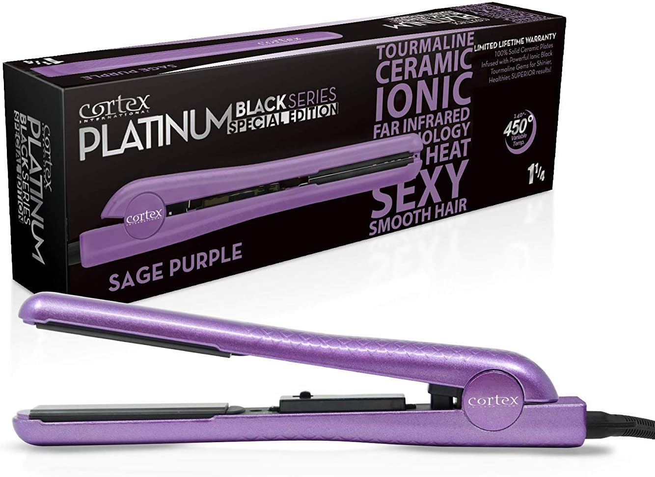Cortex International Hair Straightener Flat Iron Professional Black Series Gemstone Infused Tourmaline Ceramic Plates 1.25 Inch Purple