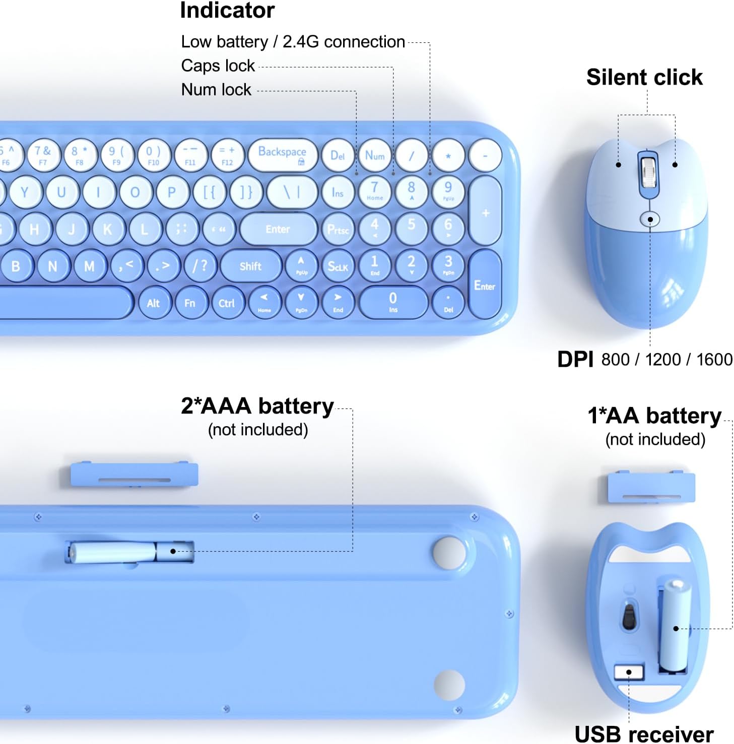 Wireless Keyboard and Mouse Combo, Meidosa 2.4GHz Colorful Full-Size Retro Typewriter Keyboard with Cat Shape 3 Level Adjustable Optical Mouse for PC/Desktop/Laptop/Windows (Blue Gradient)
