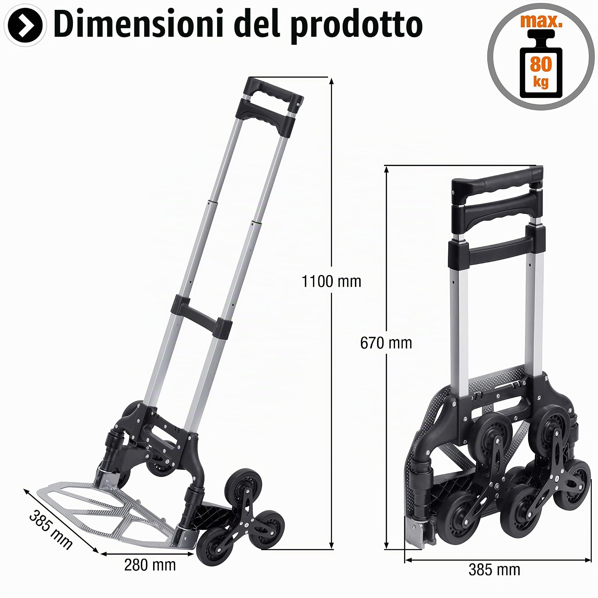 Meister Carrello con gradini – Portata 80 kg – 3 x 3 scale – Pieghevole con ruote – Maniglia regolabile in altezza – in alluminio/carrello a mano per scale/carrello di trasporto / 8985840