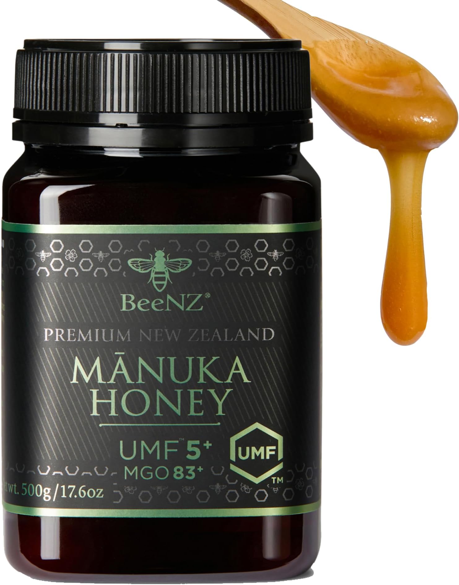 BeeNZ Raw Mānuka Honey, Certified UMF 5+ (MGO 83+), Pure New Zealand Monofloral Mānuka, Natural Sweetener, Superfood for Daily Wellness Support, No Sugar Added, Traceable from Hive to Jar, 17.6 oz/500g