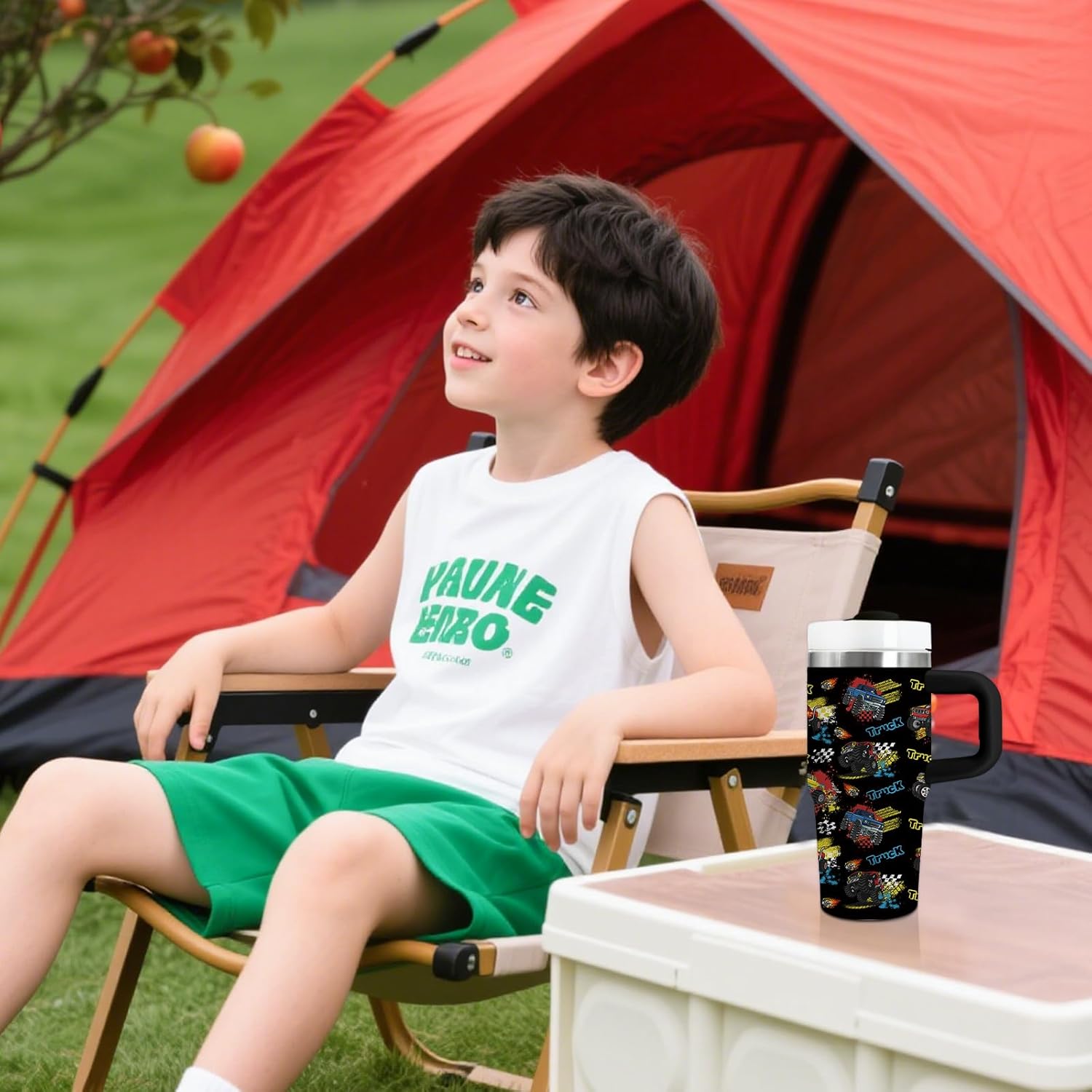 Monster Truck Tumbler Gifts for Boys - 14 oz Kids Tumbler with Handle & Lid, Stainless Steel Insulated Travel Mug, Featuring Monster Truck Designs, for School, Travel, Children's Birthday Gift (1pc) - Image 7