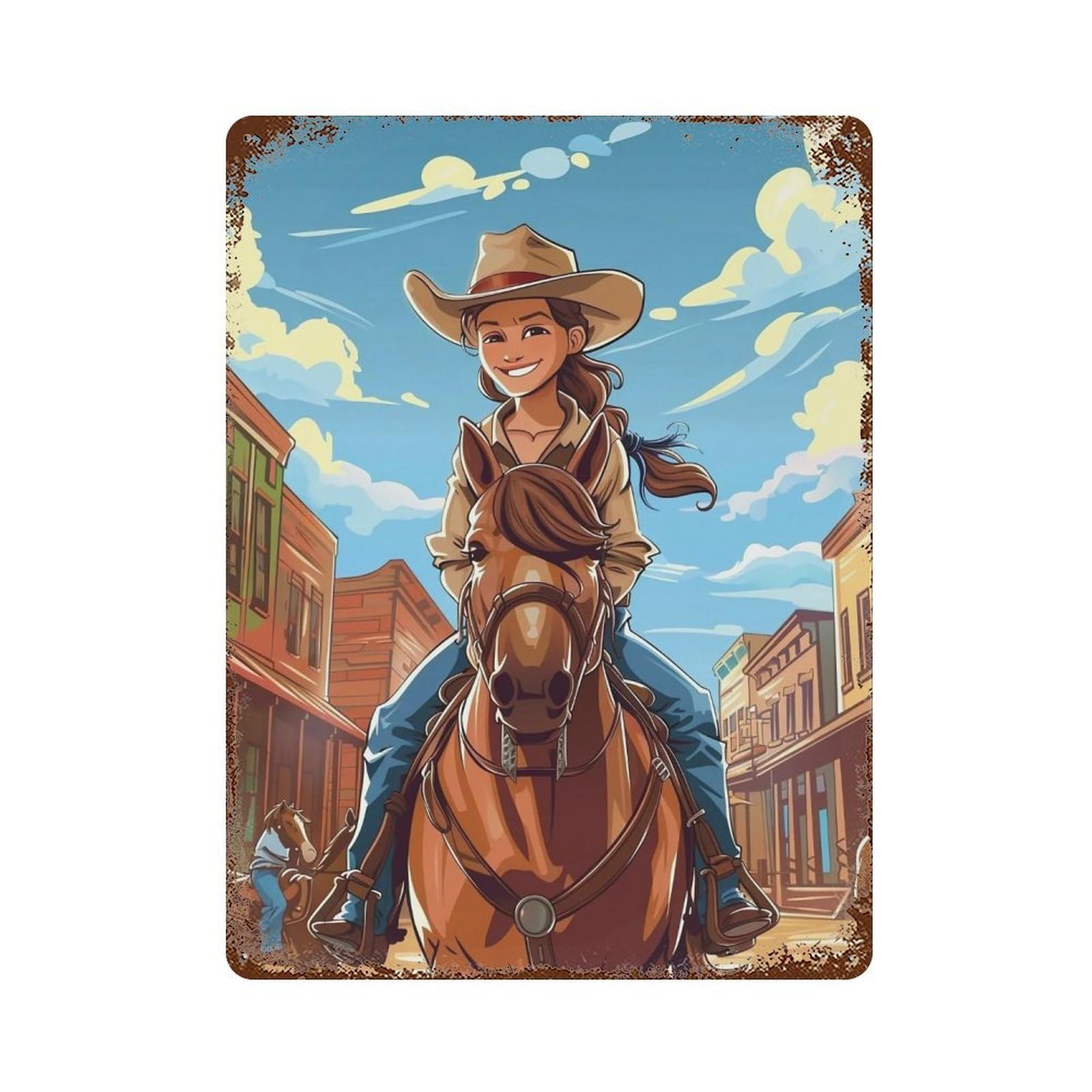 FHUYEURHRY Happy Cowgirl Riding Horse 03 Wall Decor Retro Iron Vintage Art Metal Tin Sign Poster Modern Home Cofffee Club Art Bar Shop Decorations Style 40x30cm