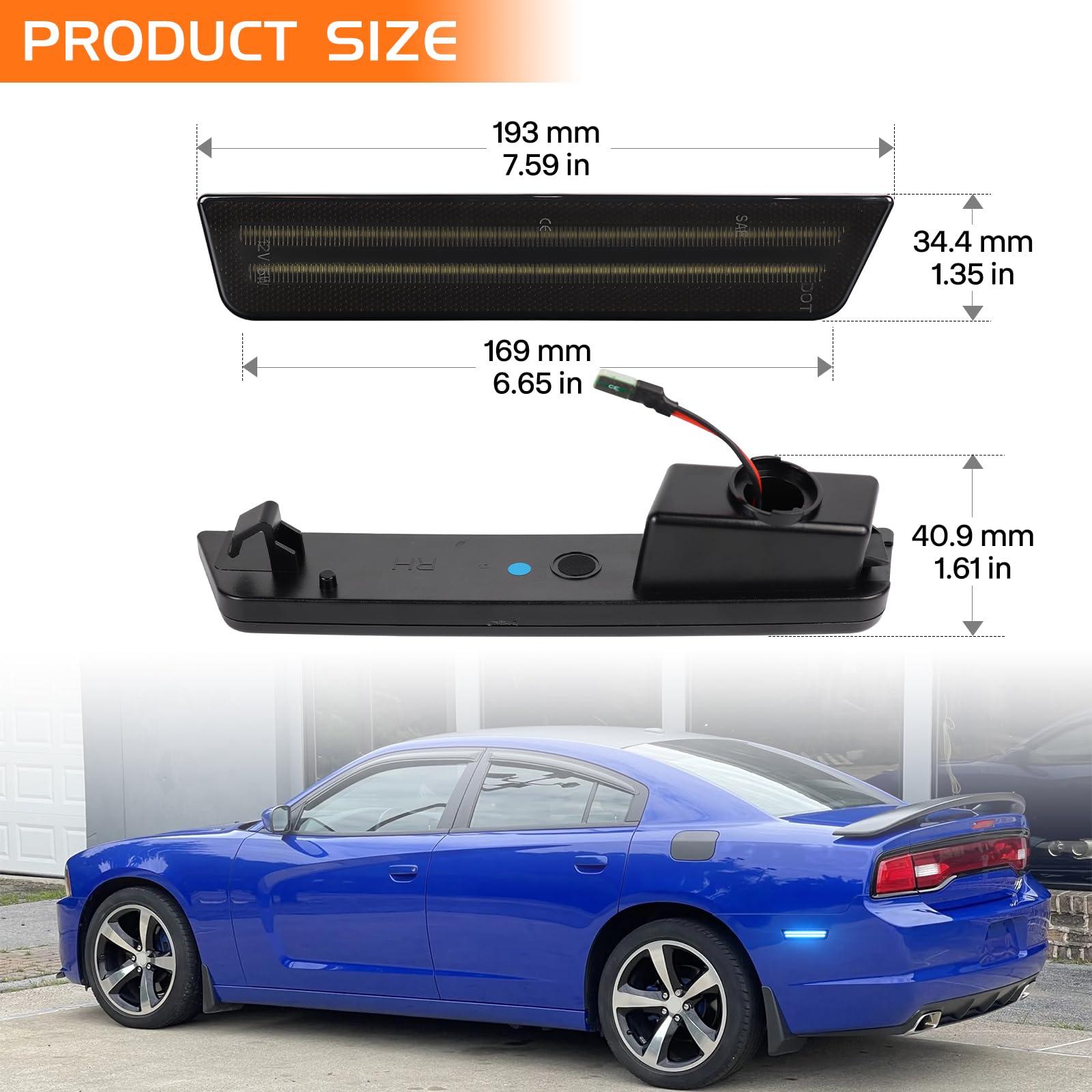 Luces de marcador laterales LED azules con lente ahumada para Dodge Challenger 2008-2014 Dodge Charger 2011-2014, reflectores de marcador de parachoques trasero, 2 unidades 6