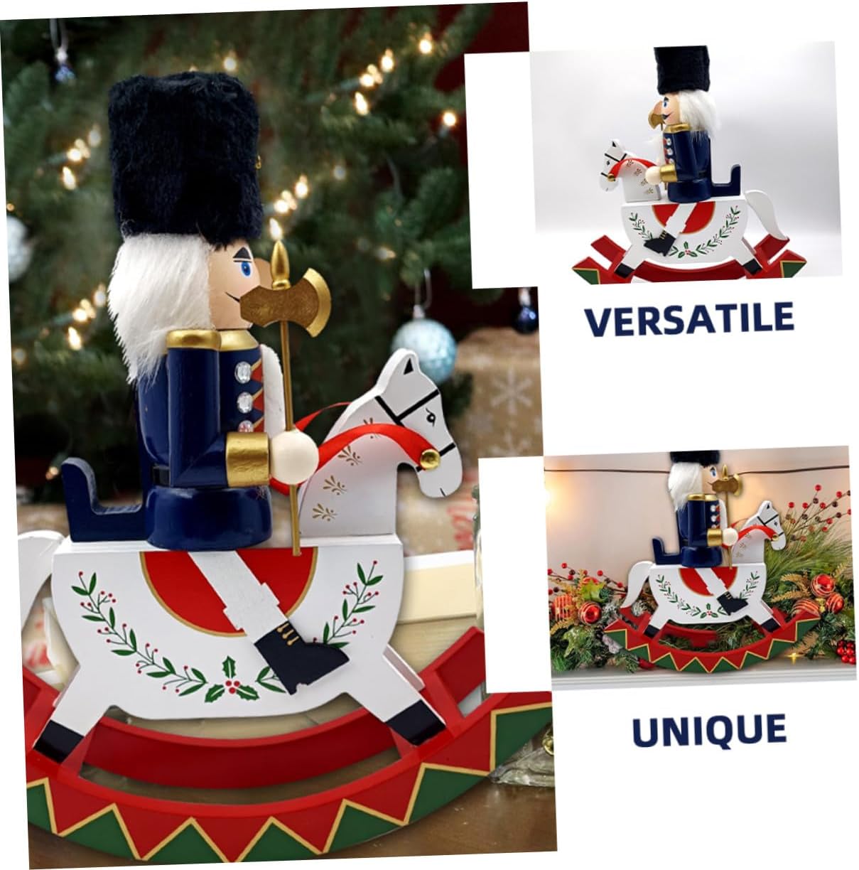 Toyvian Christmas Nutcracker Soldier Figurine Large Wooden Nutcracker Ornament Blue Rocking Horse Table Decor for Holiday Party Centerpiece and Room Decoration