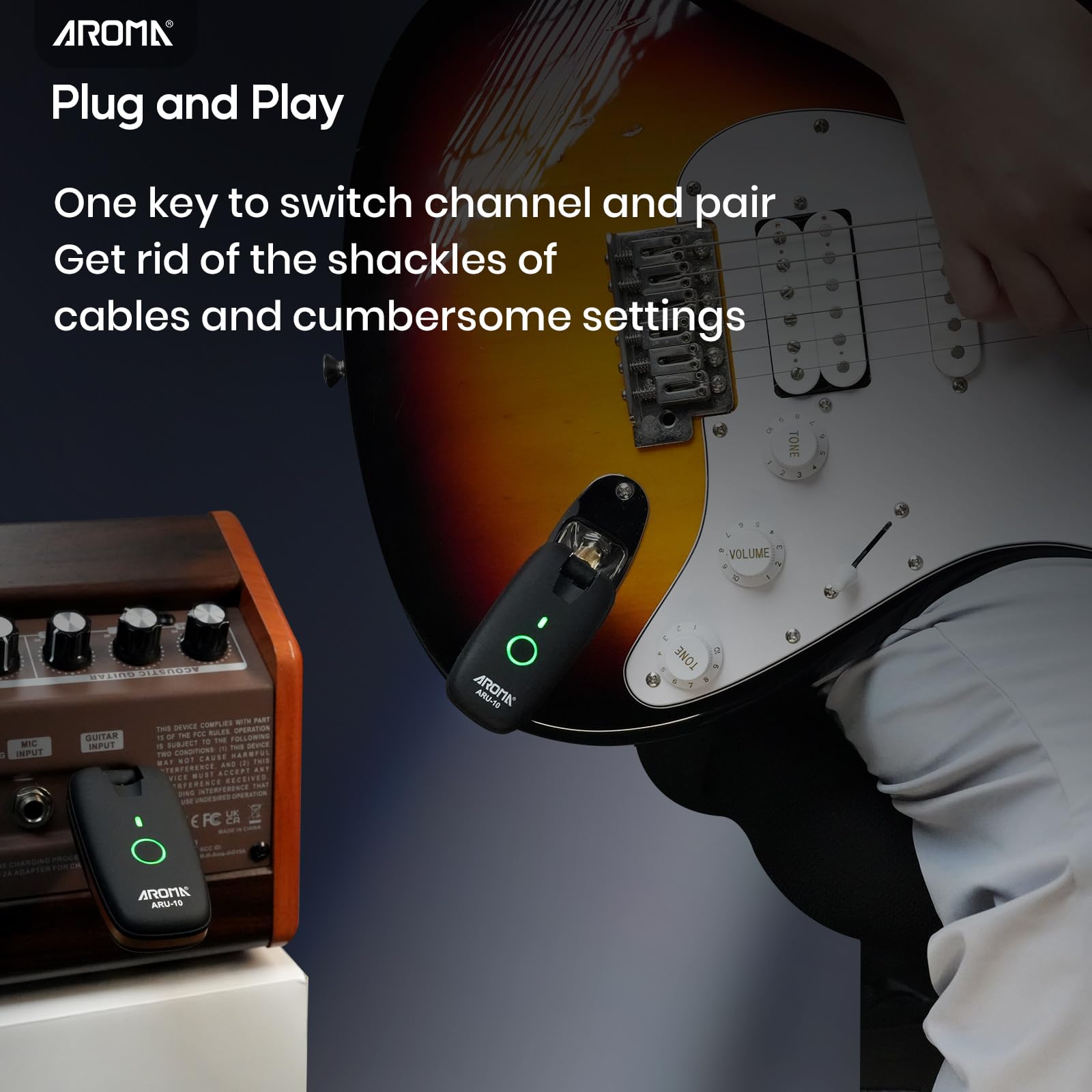 AROMA Trasmettitore e Ricevitore Wireless per Chitarra con 7 Canali Sistema Audio Ricaricabile Senza Fili per Chitarra, Basso, Strumenti Elettrici