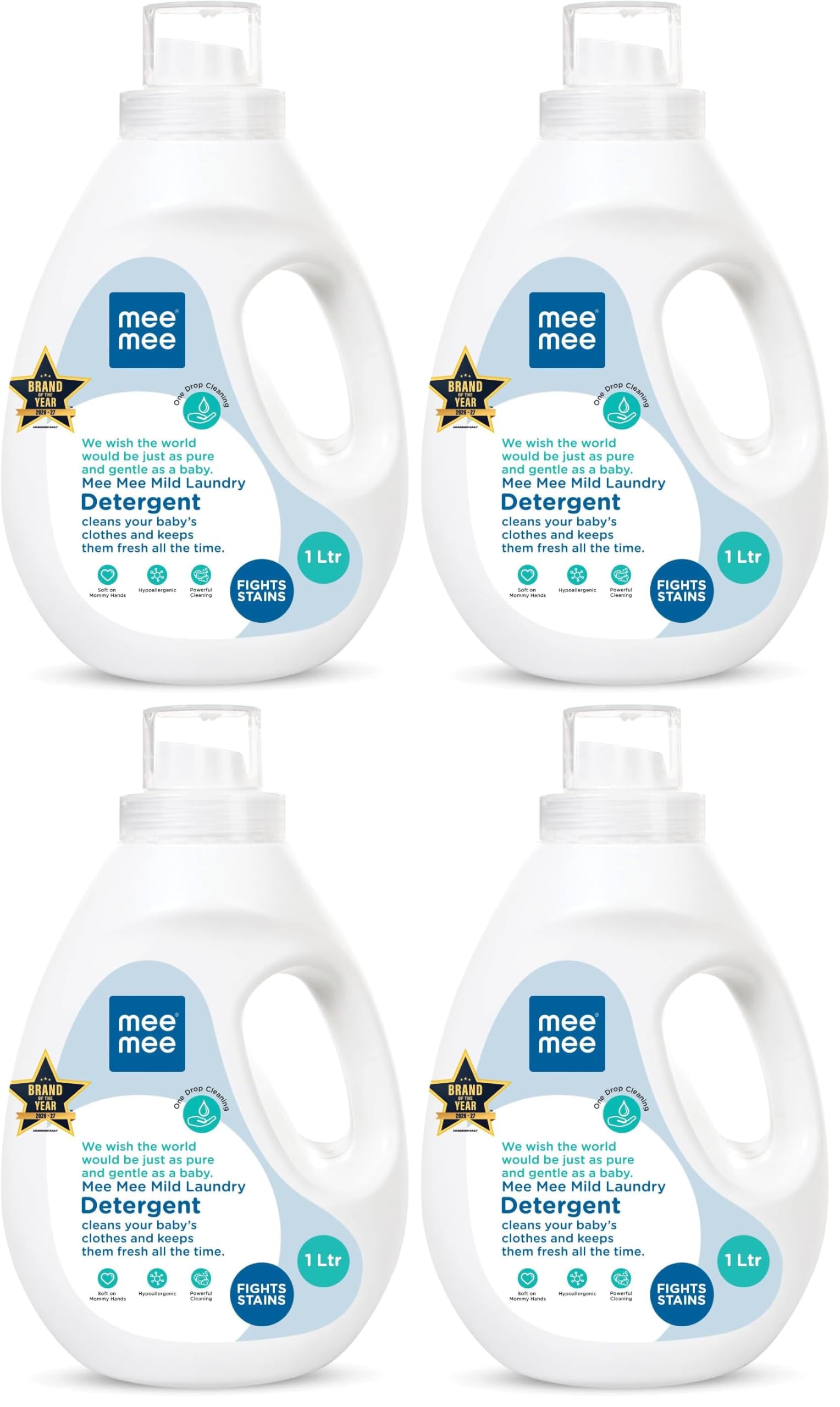 Mee Mee Baby Liquid Detergent 1 L | pH Balanced, Free from Harsh Chemicals, Safe for Mother’s Hands & Baby’s Skin | Anti-Bacterial, Removes Stains & Odor with One Drop, Hypoallergenic (Pack of 4)-image-17