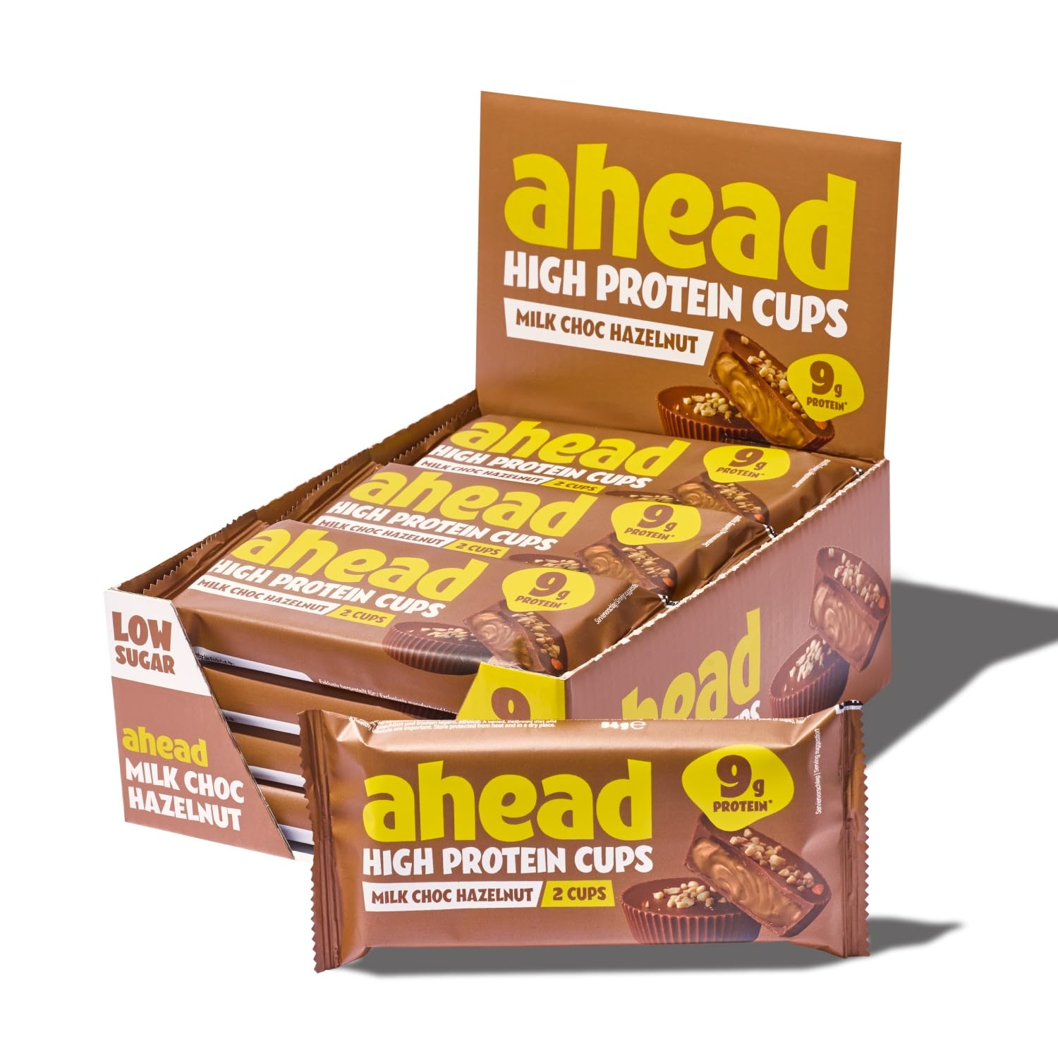 ahead High Protein Hazelnut Butter Cups | 9,4g Protein pro Pack | Milchschokolade & Haselnuss | 12 x 34g | Ohne Zuckerzusatz | Ohne Palmöl | Glutenfrei