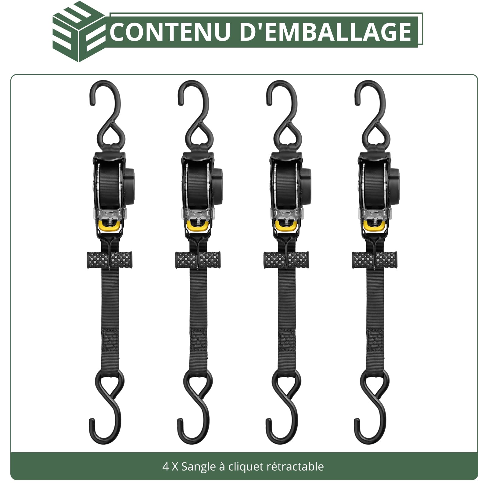 EYPINS 4 Pièces Sangle à Cliquet Auto-Rétractable avec Poignée 25mm x 3.3m,Capacité de Charge Directe 340kg,en U 680kg-Pour Remorque,Moto,Voiture Résistance aux UV et Usure Conforme en 12195-2