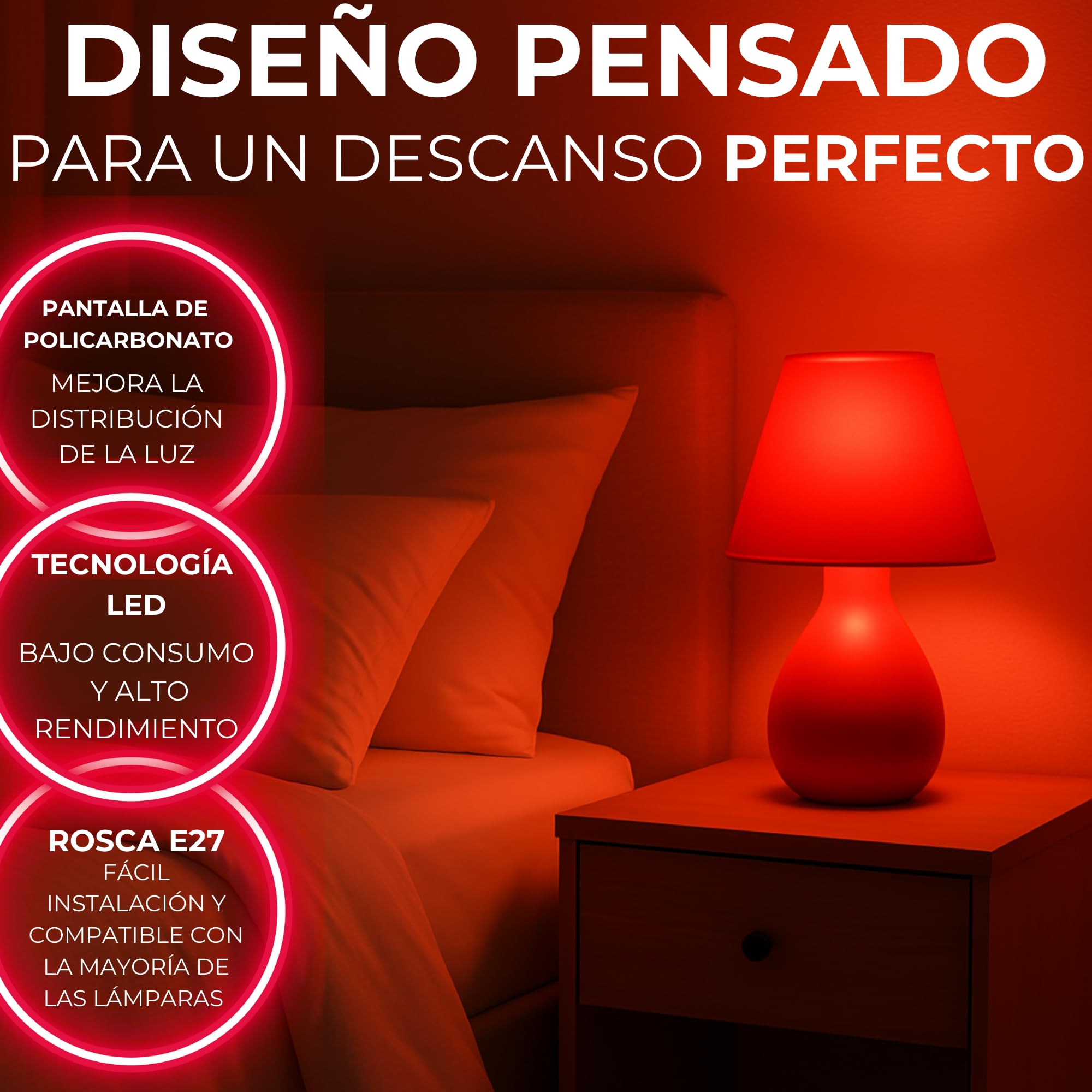DM TECH PACK 2 Luz Roja Nocturna Melatonina E27 - Bombilla Terapia Roja para Dormir - 0% Luz Azul + Rosca Estándar + Mejora del Ritmo de Descanso
