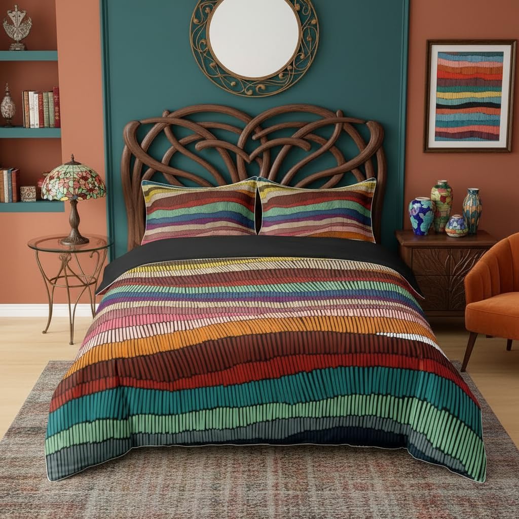Erosebridal 100% Organic Cotton Boho Duvet Cover Full Bohemian Wavy Bedding Set Rainbow Embroidered Waves Comforter Cover Geometric Tribal Ethnic Bedroom Decor Colorful Abstract Quilt Cover for Adult