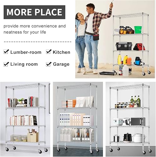 Miniatura 7 de Estantes de almacenamiento cromados, estantería de alambre de 4 niveles con ruedas, estantes de almacenamiento ajustables de 500 libras, estante de