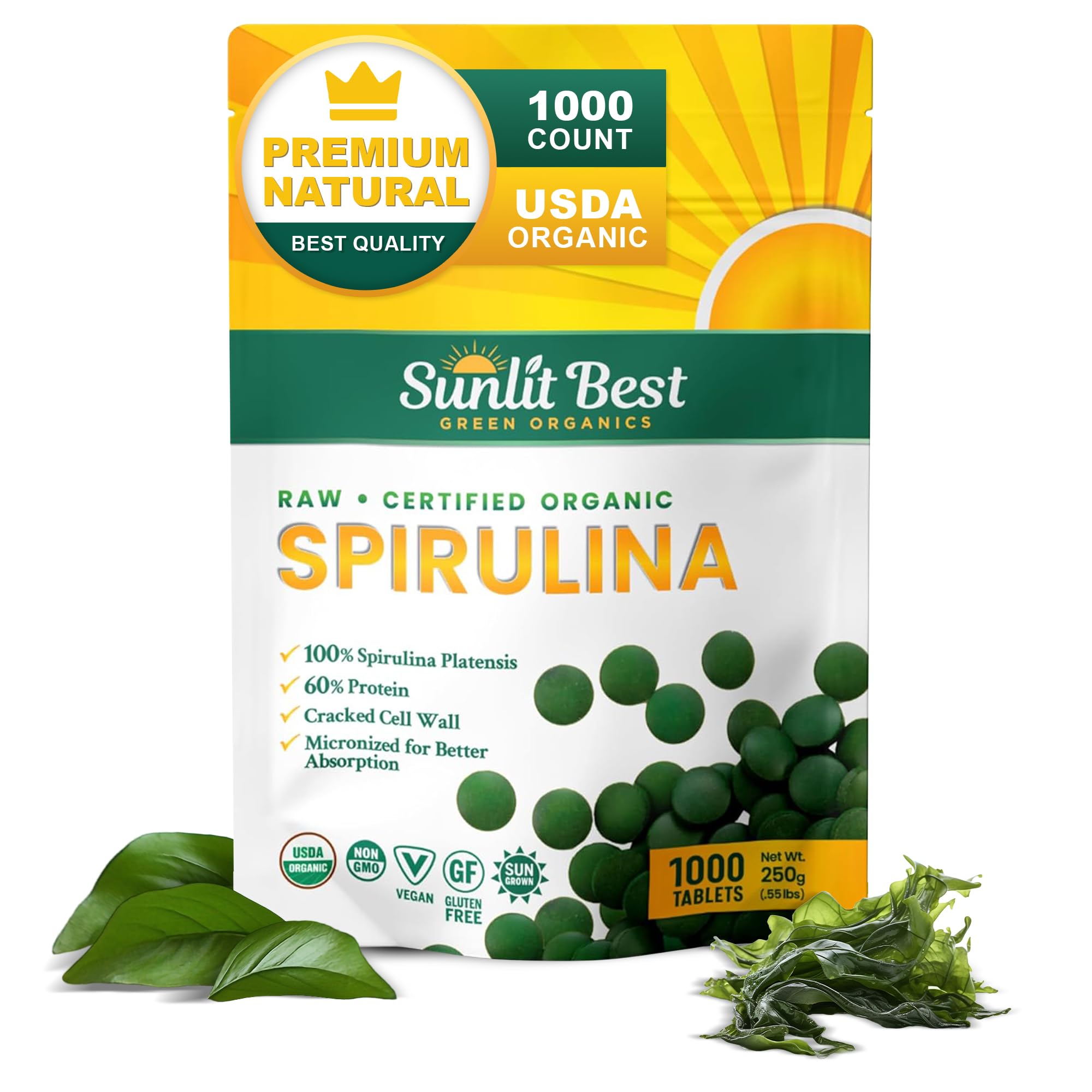 Sunlit Best - Tabletas de espirulina orgánica certificada por el USDA - Suplementos naturales de superalimentos para fortalecer el sistema inmunitario, la salud intestinal y aumentar la energía. Tabletas con clorofila, veganas, ricas en proteínas y sin OMG. 1000 tabletas de superalimentos.
