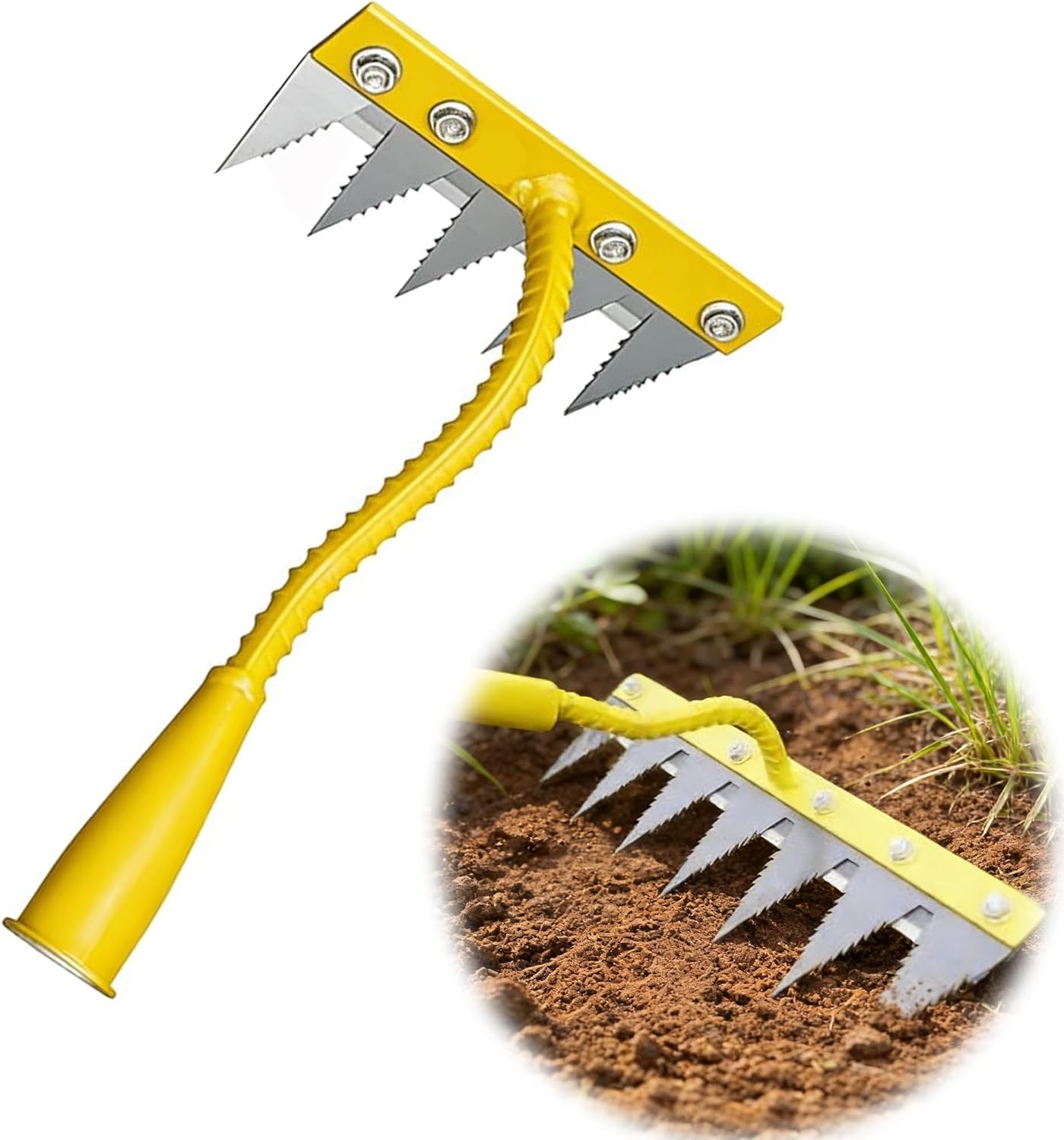 Iron Weeding Rake 2.0, Upgrade 5/6/7/8 Teeth Carbon Steel Garden Weeder Rakes, Iron Rake for Yard Lawn and Garden, Heavy-Duty Gardens Hand Weeder Puller Tool for Gardening (Yellow 5Teeth)