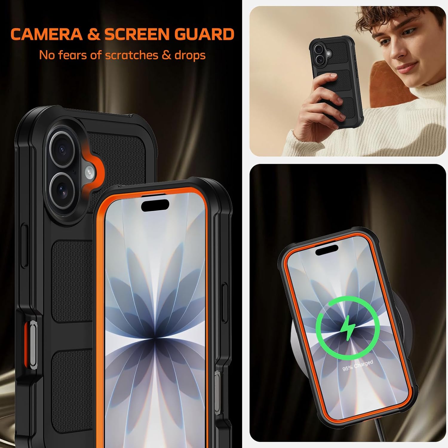 for iPhone 17 Case with Belt Clip Holster & Kickstand,Military Grade Anti-Drop Shockproof Heavy Duty Rugged Cover,w/2X Screen Protectors Defender Bumper Protective Cases for Apple 17 (Black Orange) - Image 6