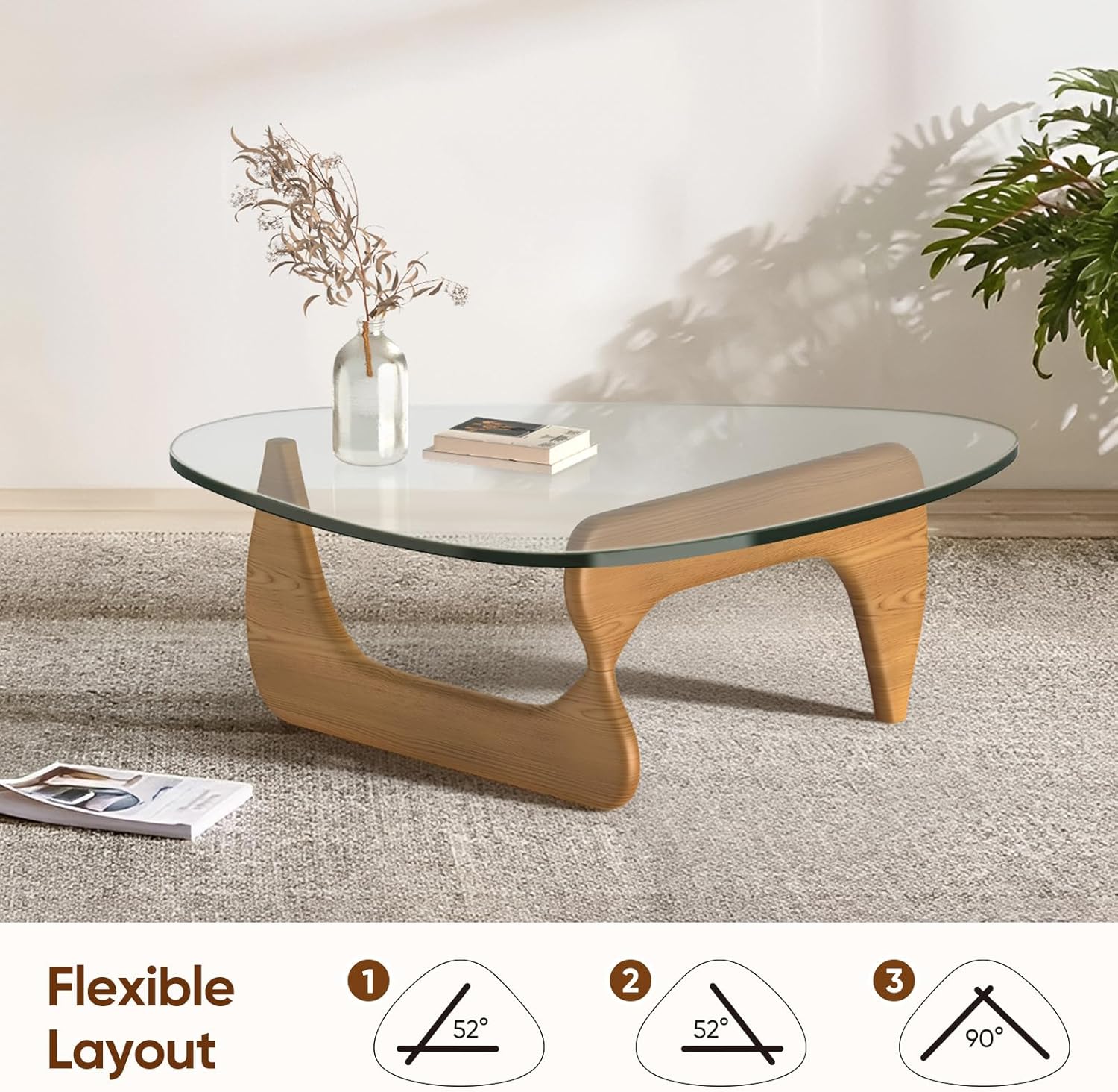 Triangle Glass Coffee Table with Solid Wood Base, 0.8'' Thick Clear Glass Top, 51'' Width Mid Century Modern Coffee Table for Living Room Bedroom Reception (Light Walnut)