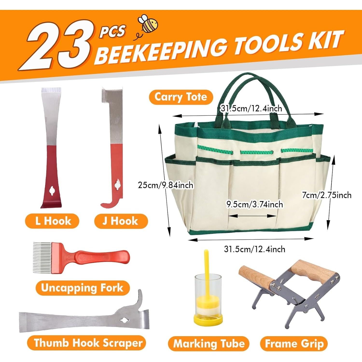 Kit per apicoltura da 23 pezzi, con custodia, affumicatore, raschietto, rete filtrante e strumenti per apicoltori