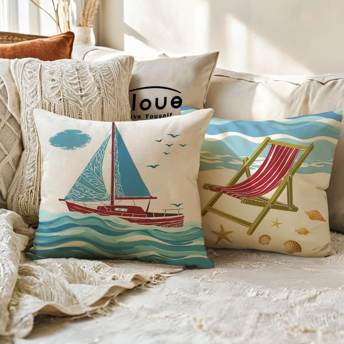 ULOVE LOVE YOURSELF Beach Pillow Covers 4 Pack Coastal Nautical Throw Pillowcases Lighthouse Sailboat Deck Chair Sea Theme Summer Holiday Decorative Cushion Cover 18 x 18 inch - Image 5