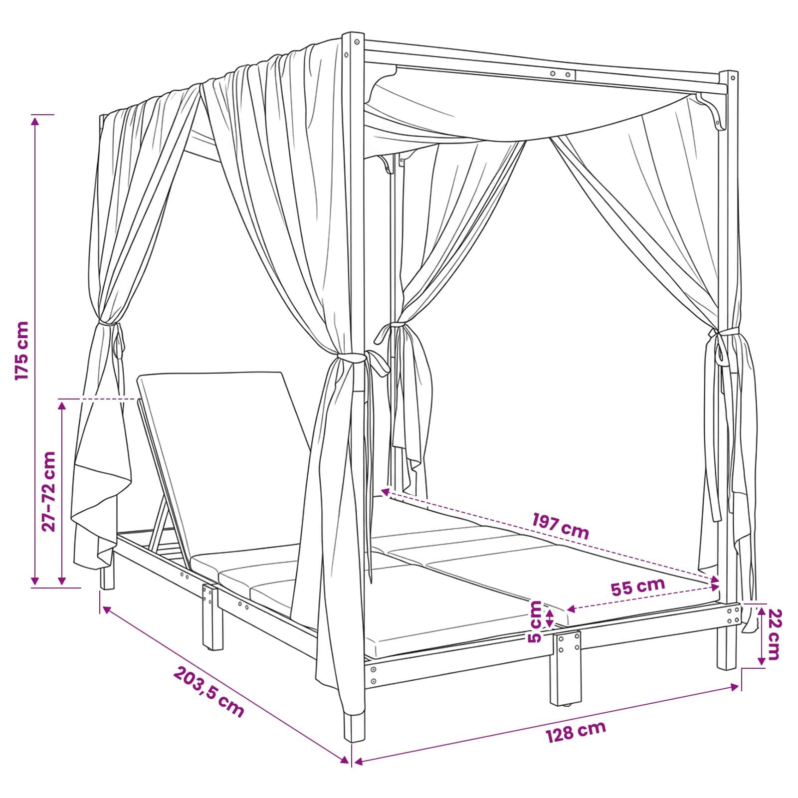 vidaXL Transat Double avec auvent et Rideaux Bois d'Acacia Massif, Chaise Longue réglable, mobilier de Jardin, résiste aux intempéries, pour la détente en extérieur