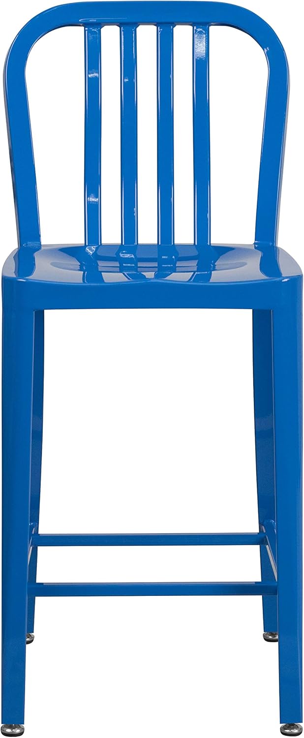 BizChair 2 Pack 24" High Blue Metal Indoor-Outdoor Counter Height Stool - Vertical Slat Back