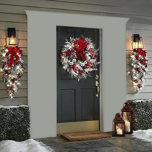Miniatura 3 de Corona navideña roja y blanca para puerta delantera, guirnalda de Navidad inalámbrica para colgar en la pared, decoración de interiores y exteriores