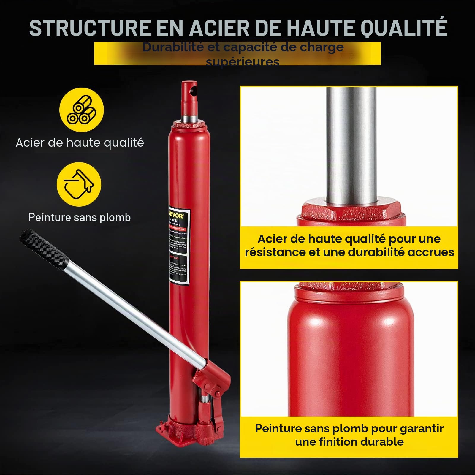VEVOR Vérin Hydraulique Long pour Grue d'Atelier 4 Tonnes, Cylindre Hydraulique Support Moteur avec Pompe à Simple Piston et Base Plate, Tige Hydraulique pour Chèvre Levage Moteur Entretien, Rouge