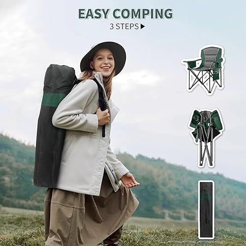 Miniatura 5 de Paquete de 2 sillas de camping acolchadas de gran tamaño para adultos, soporte resistente de 400 libras, silla de césped portátil plegable con