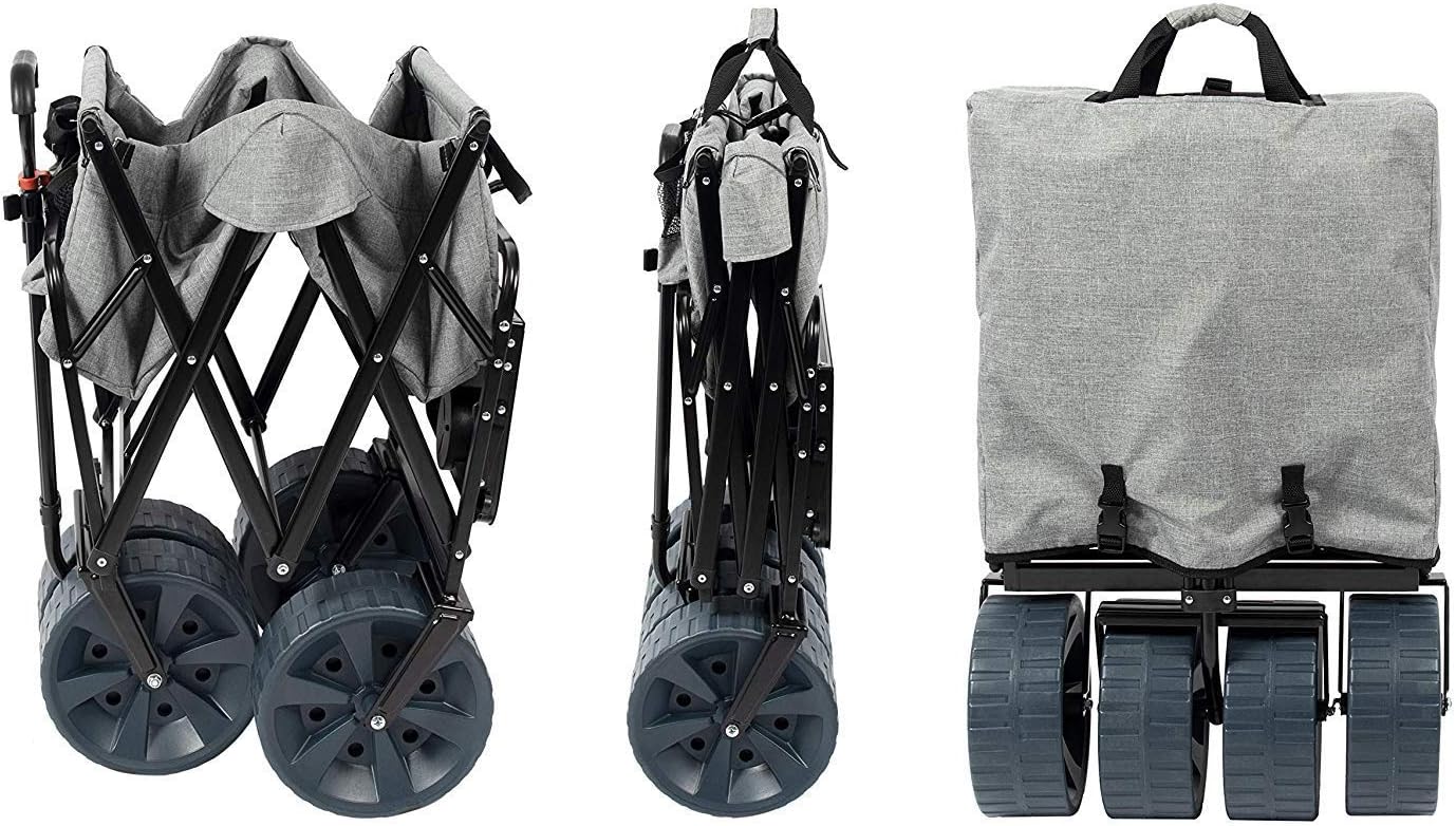 MacSports All Terrain Beach Wagon with Side Table|Heavy Duty Collapsible Folding Cart with Large Wheels for Beach Day, Picnic, Camping,Outdoor Activities | Blue/Black