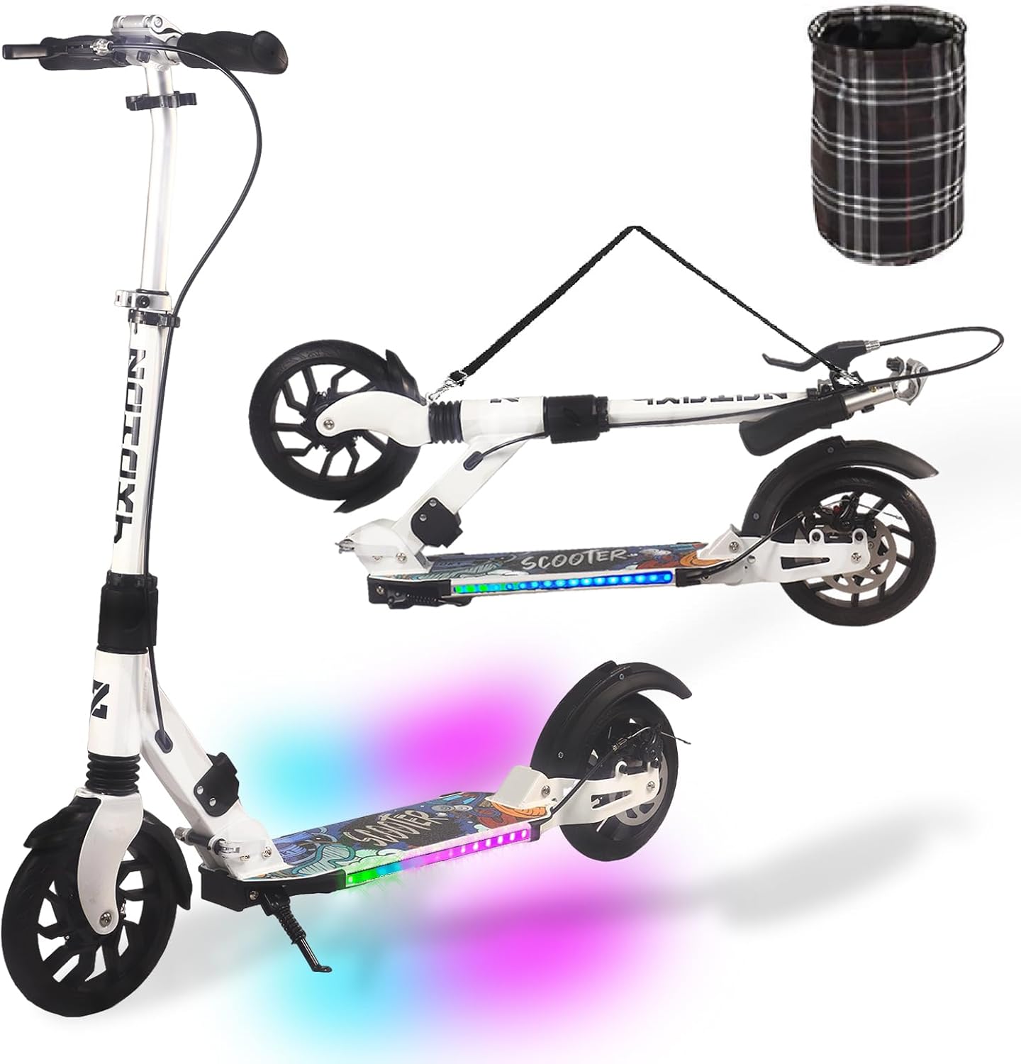 Kick Scooter for Kid Ages 6+,Teens & Adults w/Light Up Deck, Adjustable Handlebar, Foldable Big Wheels Scooter, Commuter Adult Scooters with Hand Brake & Shock Absorption, Max Load 300 LBS