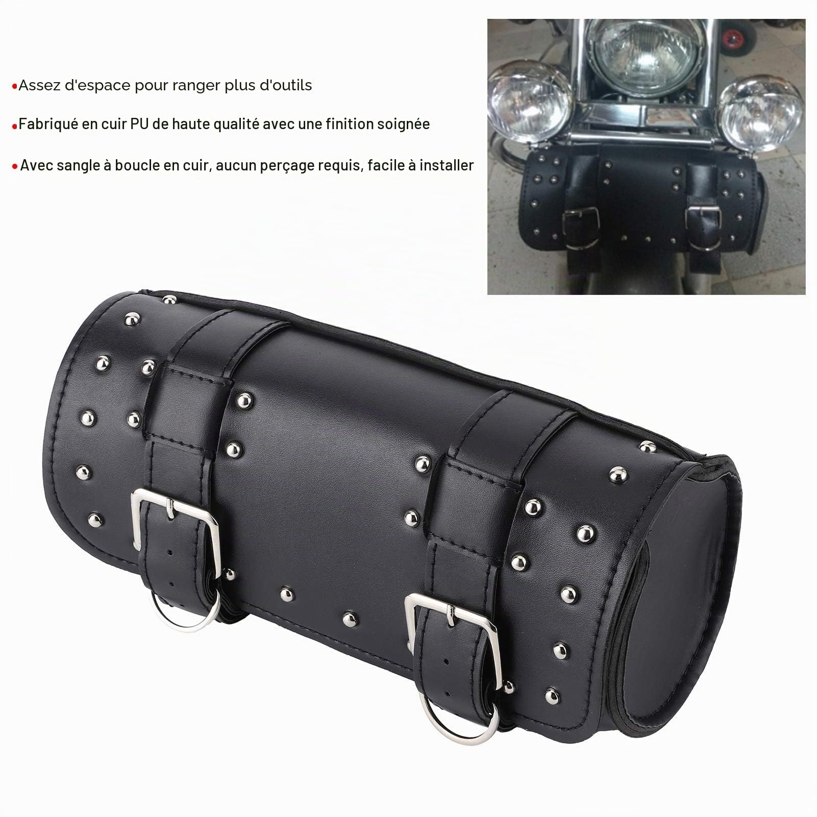 13x31cm/5.1x12,2 Pouces Sac de Fourche de Moto, Cuir PU Sac à Outils Universel pour Moto Sacoche de Moto Sac à Bagages en Rouleau pour Moto Pochette à Outils étanche pour Moteur (Noir)