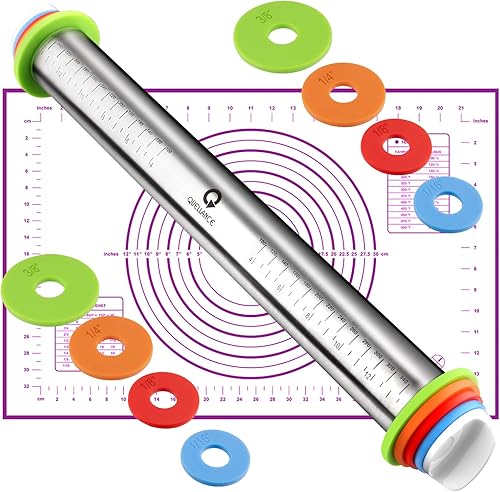 Juego de rodillos y alfombrillas para hornear pastelería, rodillos con anillos de grosor ajustable, rodillo de masa de acero inoxidable para hornear