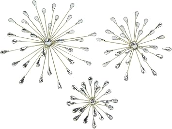 Set of 3 Gold Finish Teardrop Crystal Jeweled Rhinestone Starburst Metal Wall Hangings Art Decorative Mid-Century Modern Home Decor 6, 9, 12 Inches in Diameter