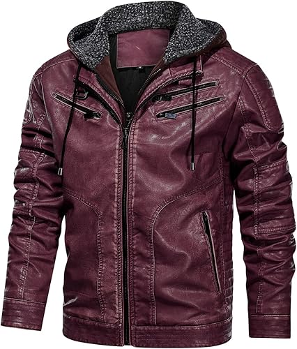 Miniatura 2 de MANSDOUR Chaqueta de piel sintética para hombre, chaqueta de motociclista cálida con capucha extraíble