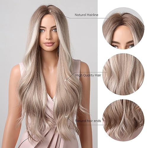 Miniatura 3 de INSGOGO Pelucas rubias largas para mujeres blancas, densidad 150, resistente al calor, peluca sintética natural ondulada de 27 pulgadas, peluca de