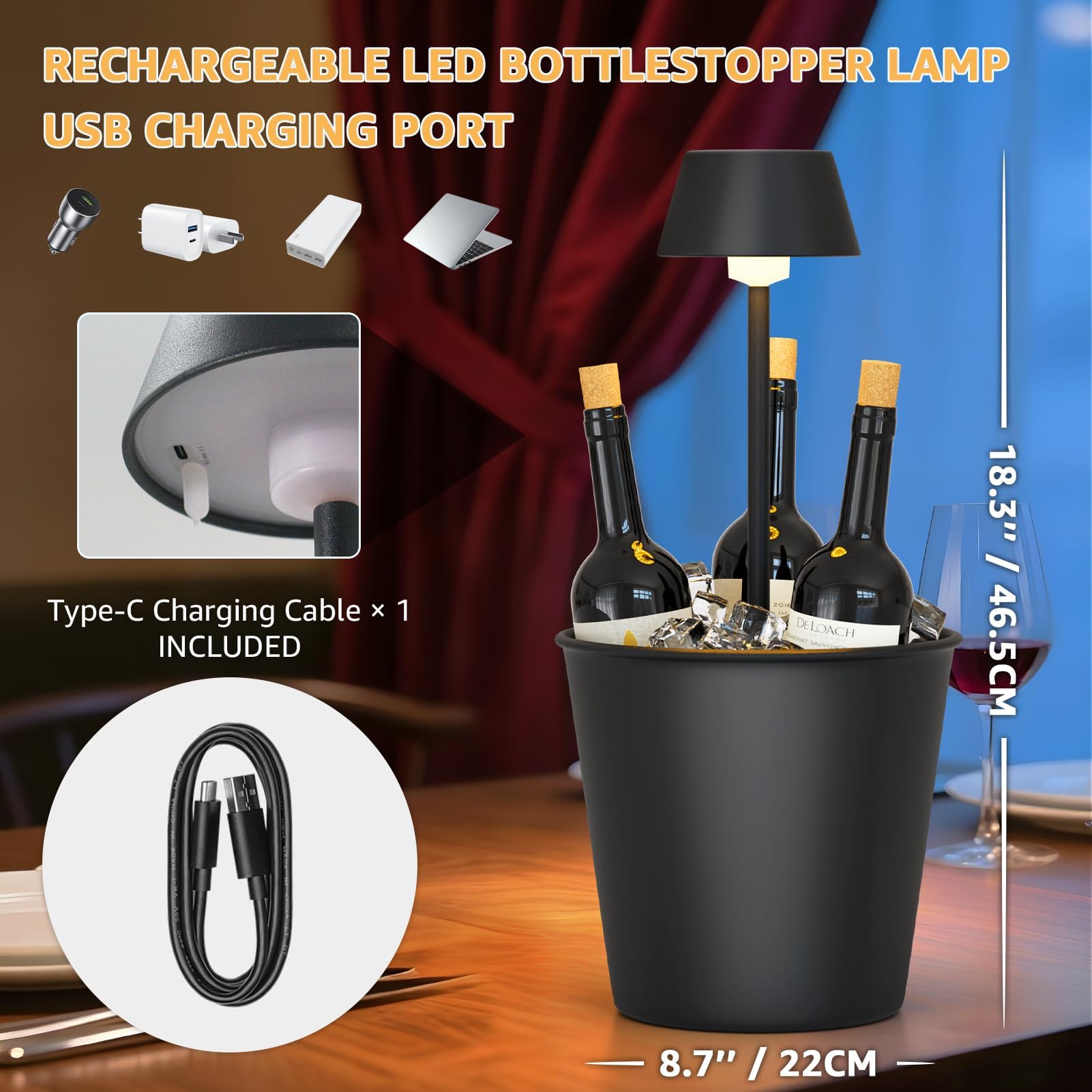 FUYO Cubo de hielo LED con luz cálida – Lámpara de mesa 2 en 1 y enfriador, a prueba de salpicaduras, para champán, vino, bebidas en fiestas, hogar, bar (3 L)
