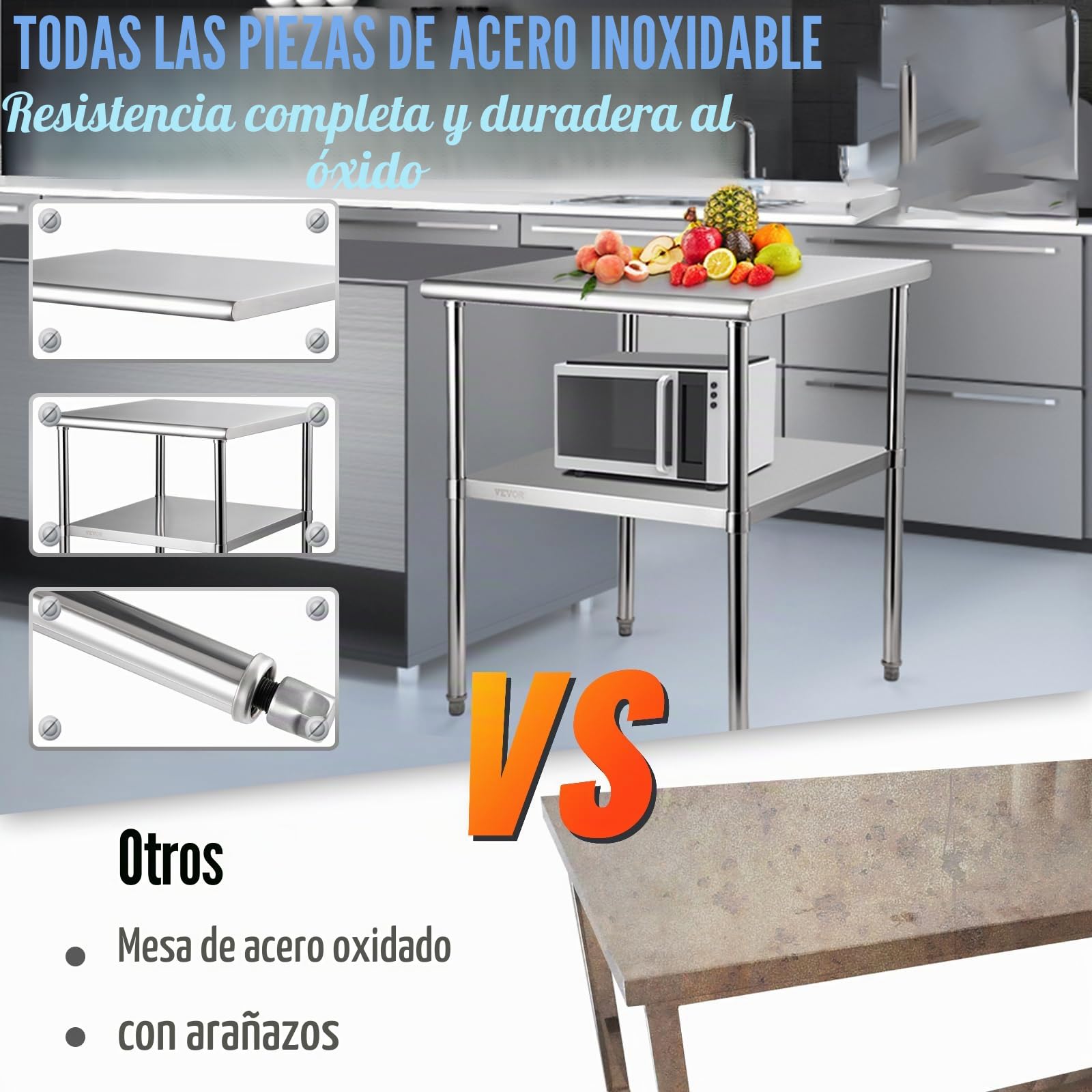 VEVOR Mesa de Trabajo de Acero Inoxidable 76 x 76 x 91 cm Mesa de Preparación de 2 Niveles Carga de 362 kg Mesa de Cocina Estante Ajustable en Altura para Cocina Restaurante Bar Garaje al Aire Libre