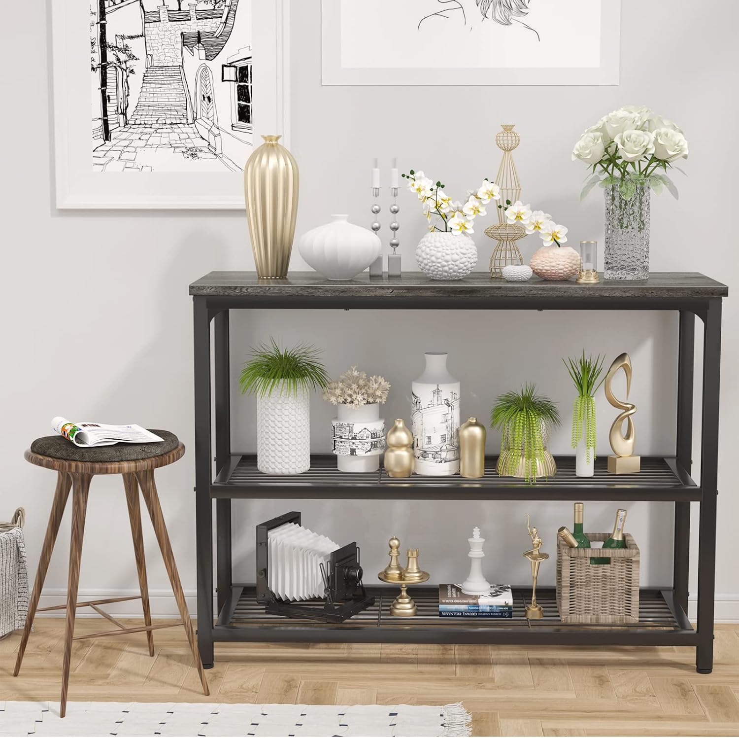 Ecoprsio Sofa Table Console Table with Double Mesh Shelves, Narrow Long Entryway Table Foyer Table for Entryway, Front Hall, Hallway, Sofa, Couch, Living Room, Coffee Bar, Kitchen, Grey